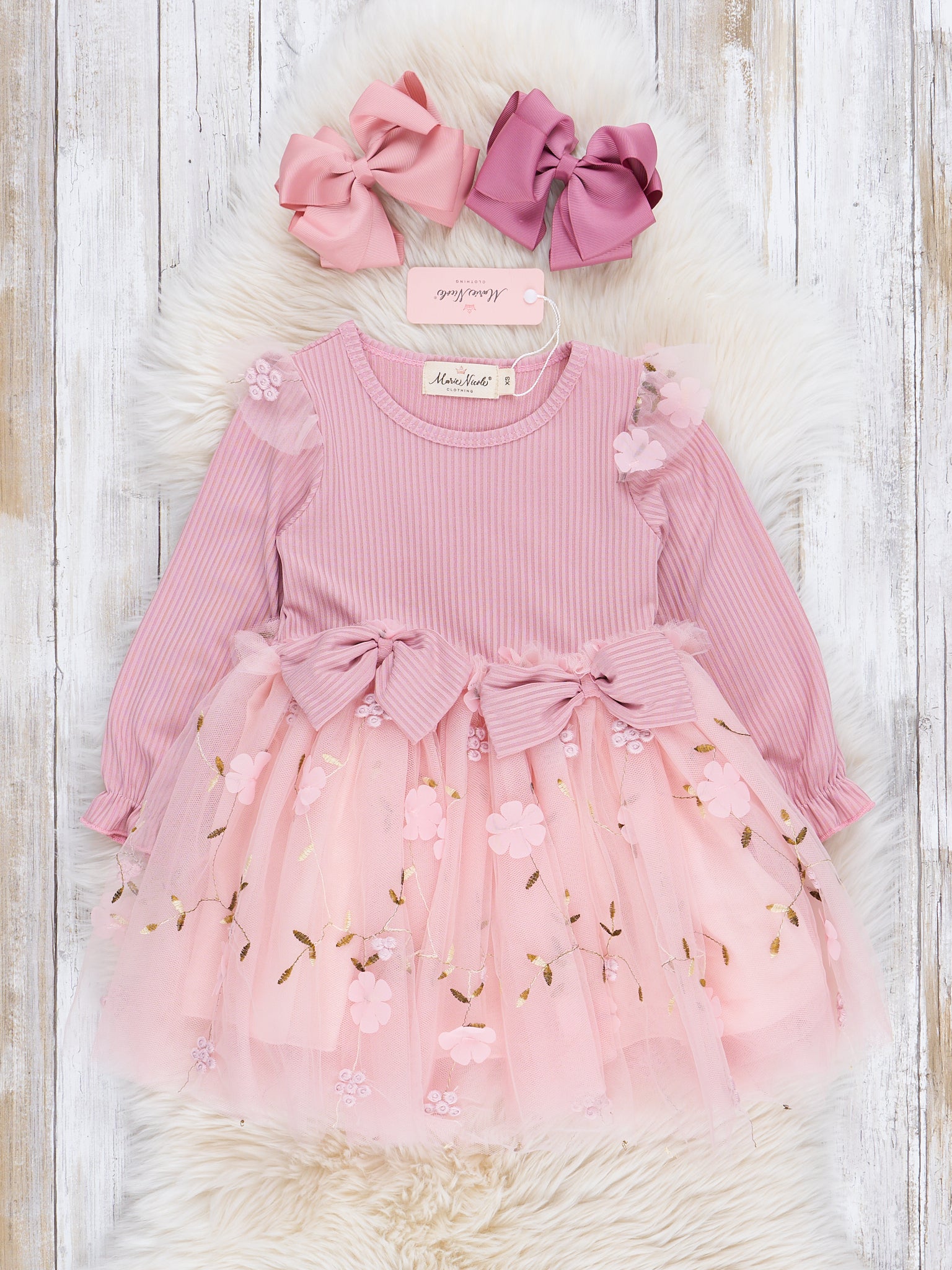 Mauve & Blush Flower Garden Tulle Dress - Marie Nicole Clothing