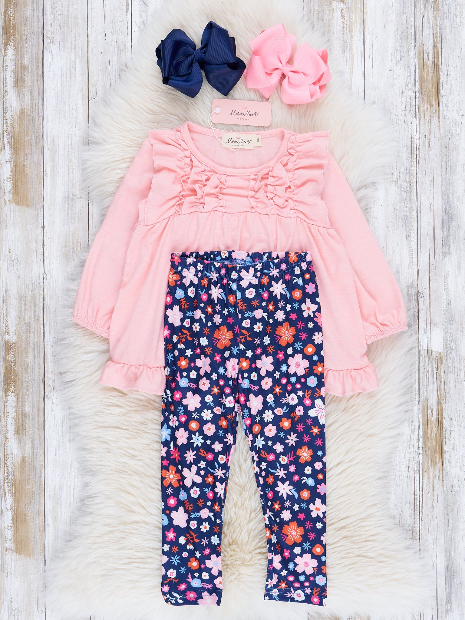 Blush & Navy Florals Ruffle Outfit - Marie Nicole Clothing