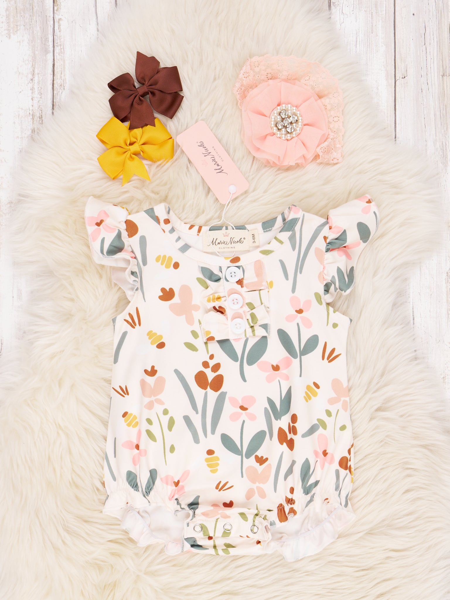 Brown & Peach Floral Ruffle Romper - Marie Nicole Clothing