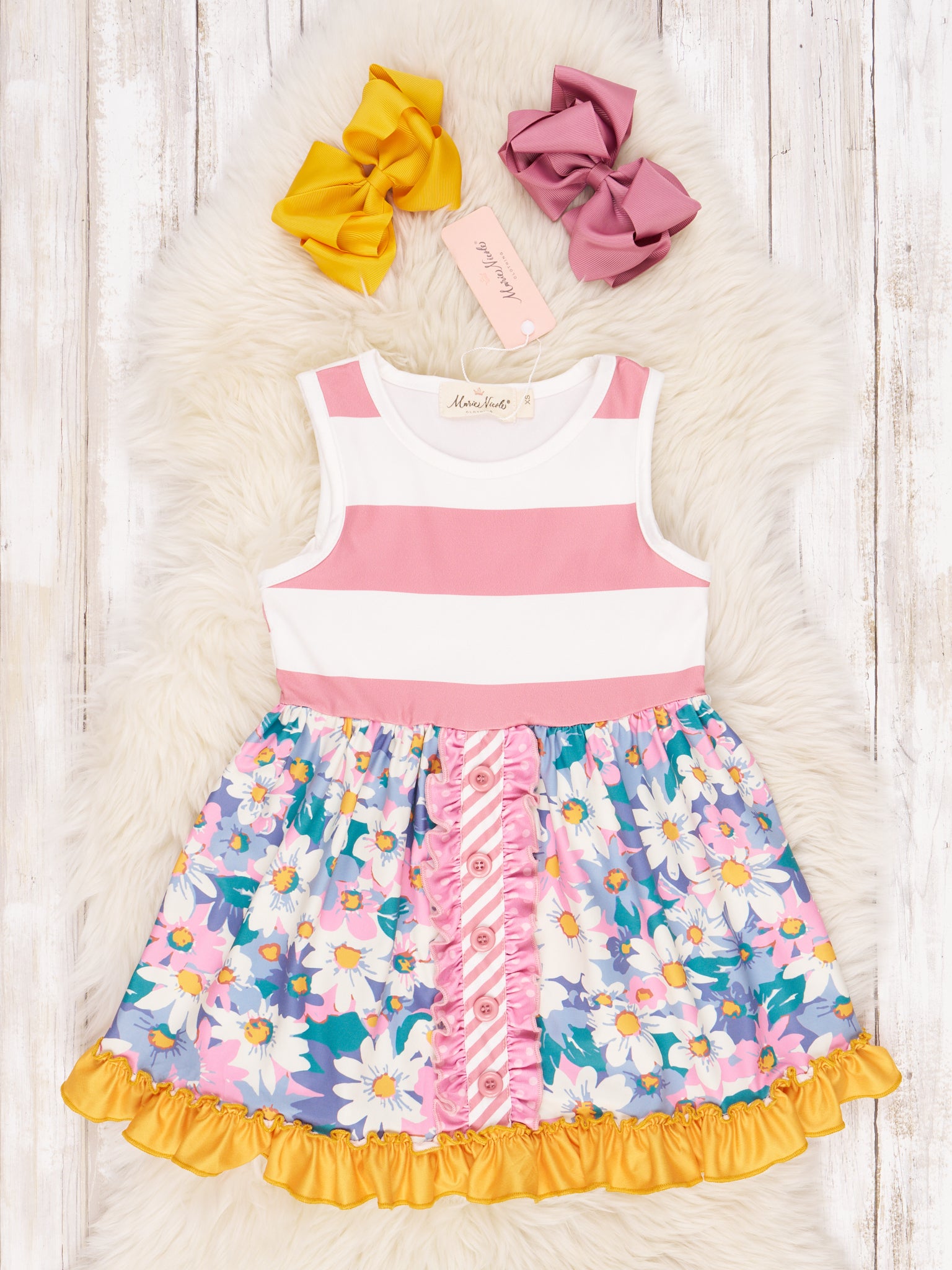 Blue Daisy Striped Ruffle Dress - Marie Nicole Clothing