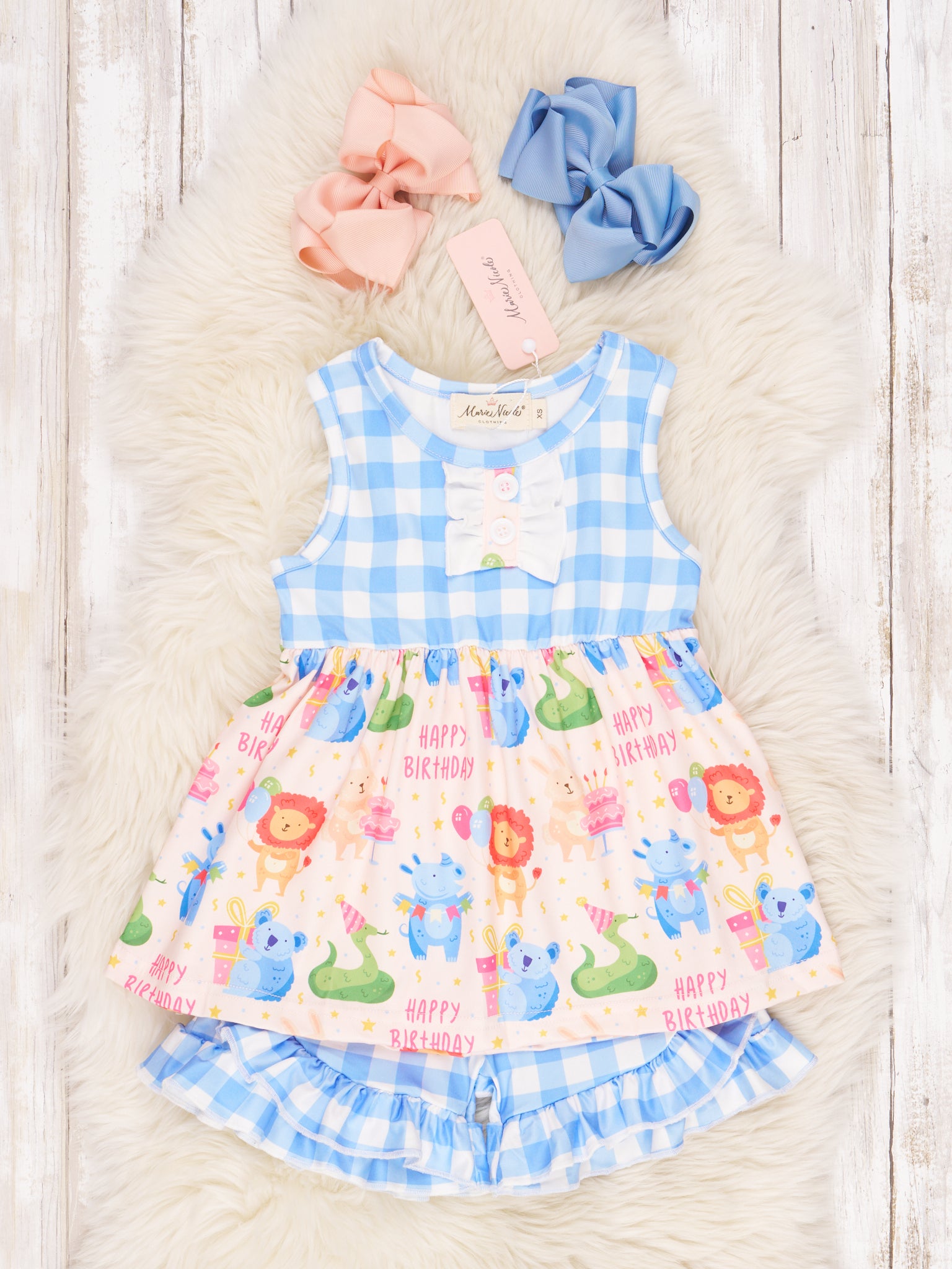 "Happy Birthday" Gingham Ruffle Outfit - Marie Nicole Clothing