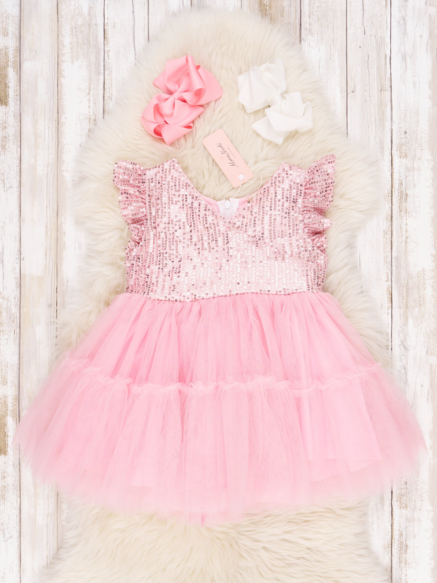 Pink Sequin Tiered Tulle Dress - Marie Nicole Clothing