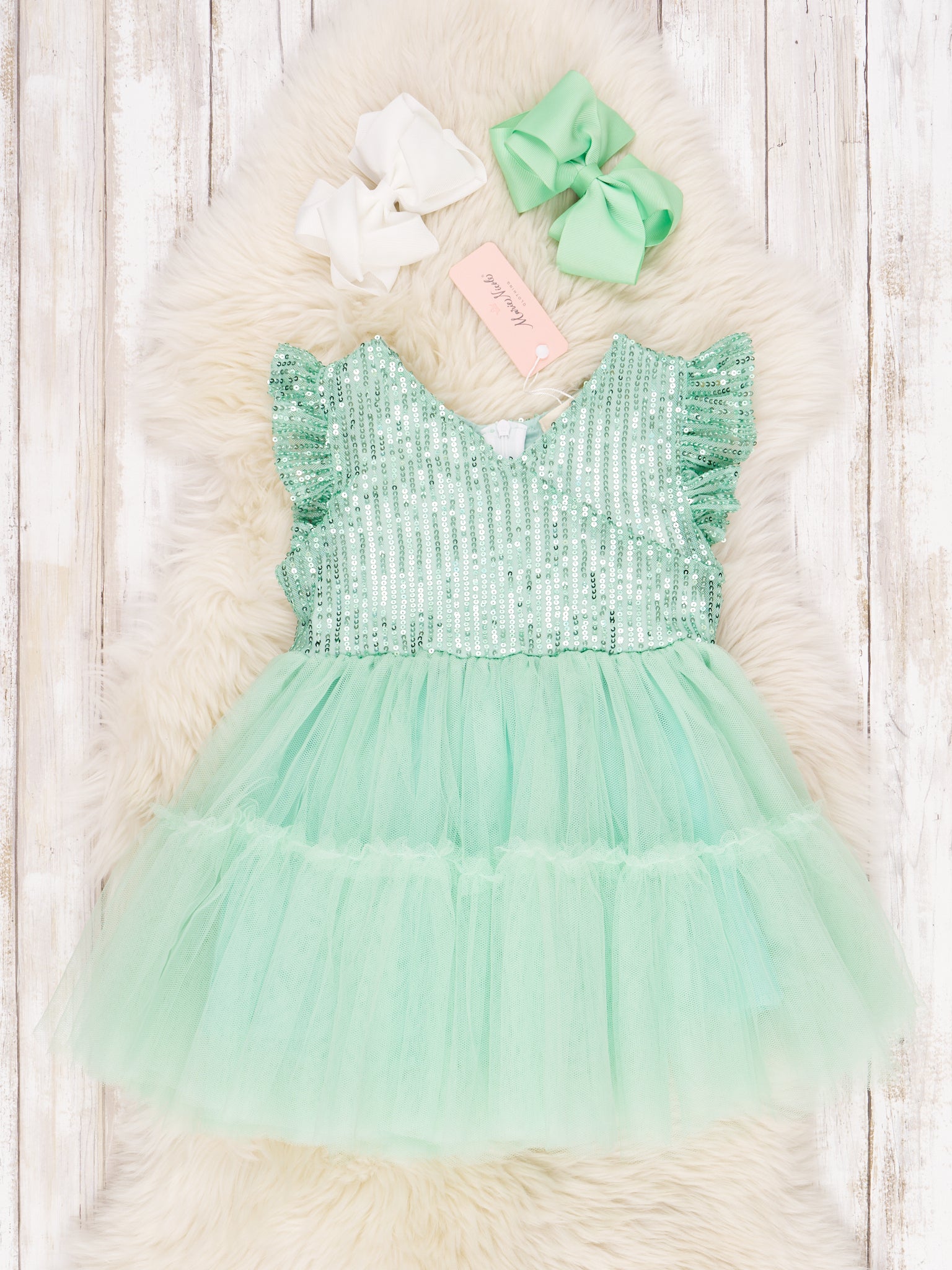 Mint Sequin Tiered Tulle Dress - Marie Nicole Clothing