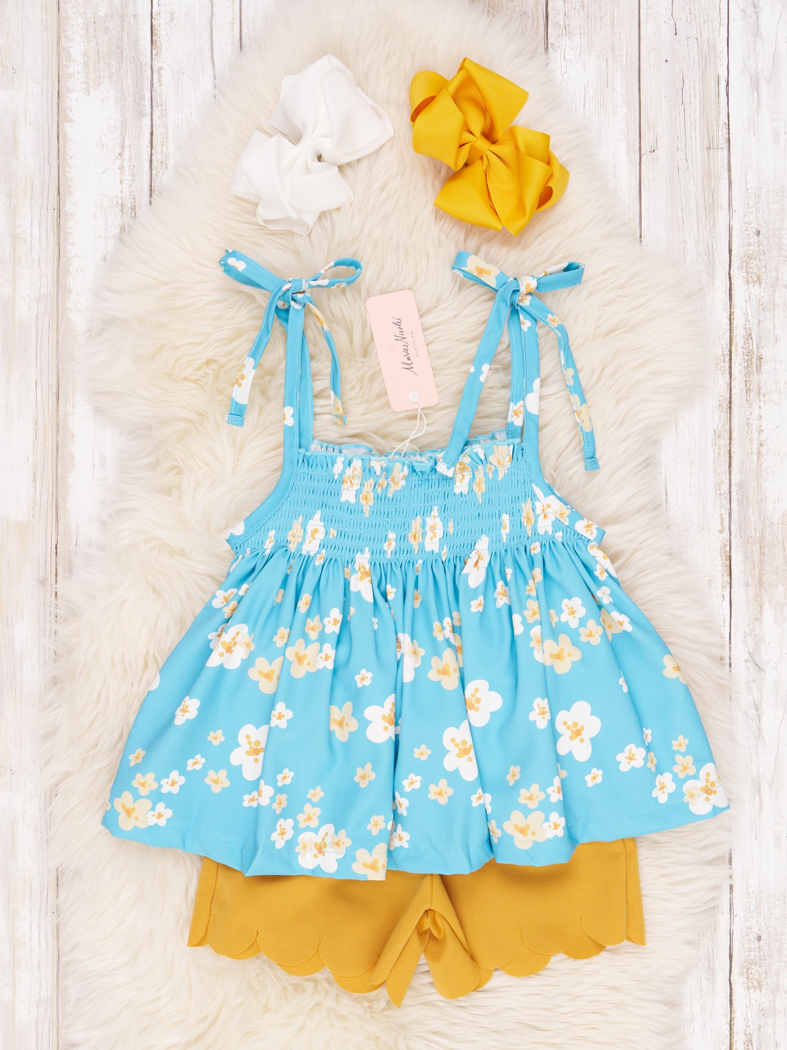 Teal Tiered Daisy Tank & Yellow Shorts Outfit - Marie Nicole Clothing