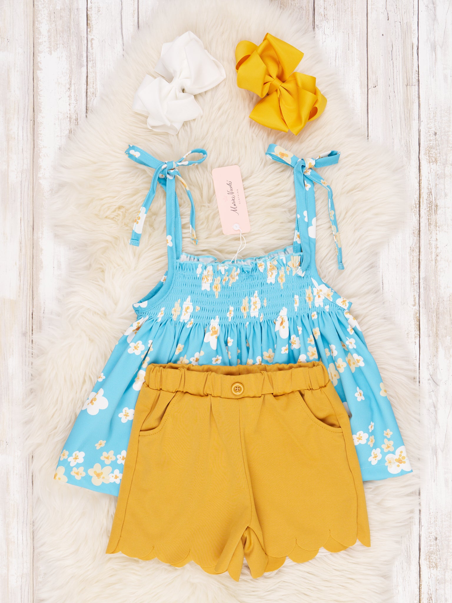 Teal Tiered Daisy Tank & Yellow Shorts Outfit - Marie Nicole Clothing