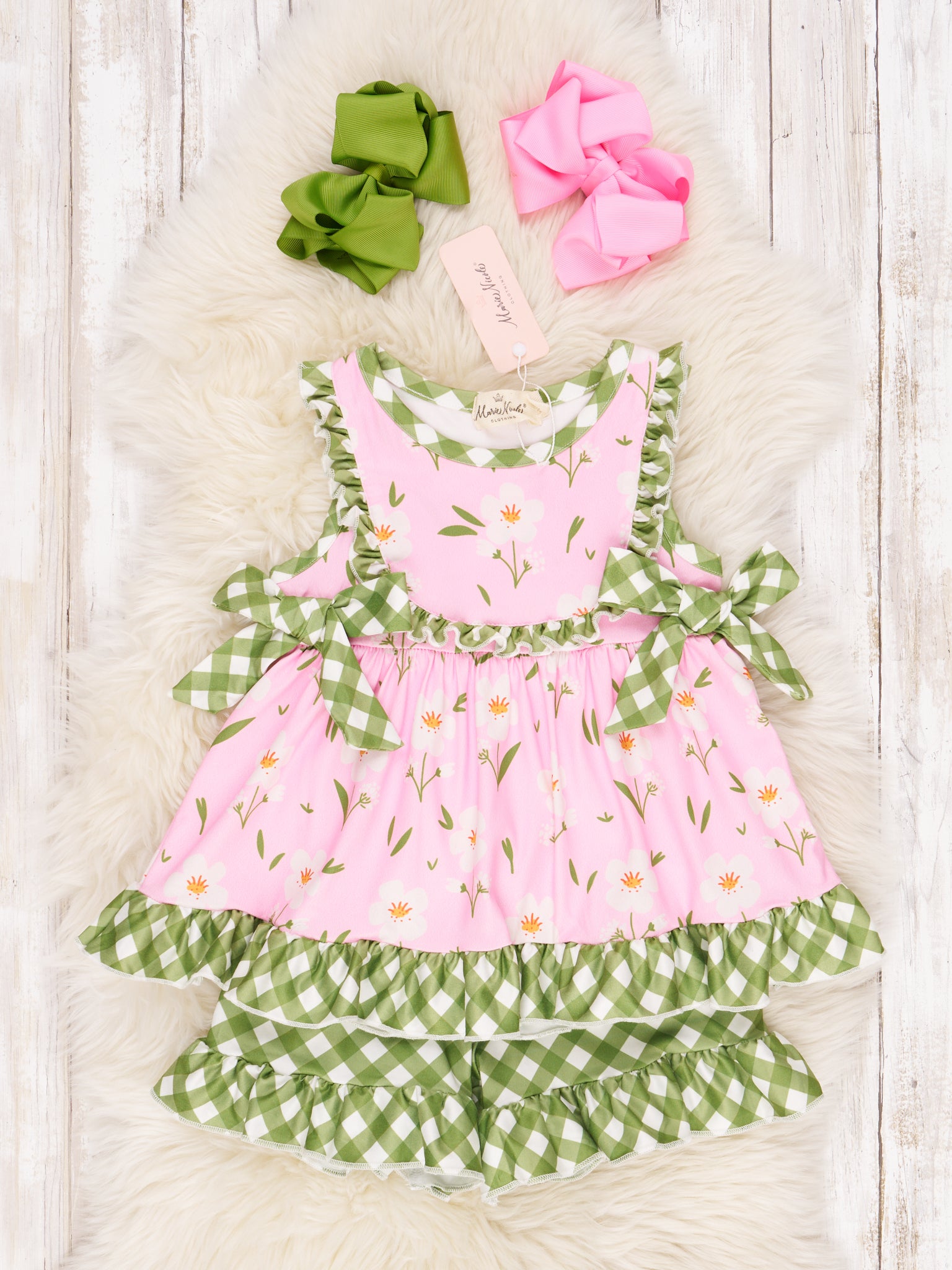 Light Pink Floral Gingham Ruffle Outfit - Marie Nicole Clothing