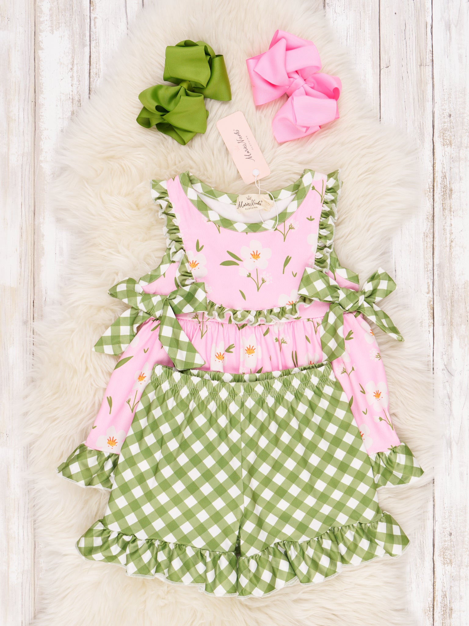 Light Pink Floral Gingham Ruffle Outfit - Marie Nicole Clothing