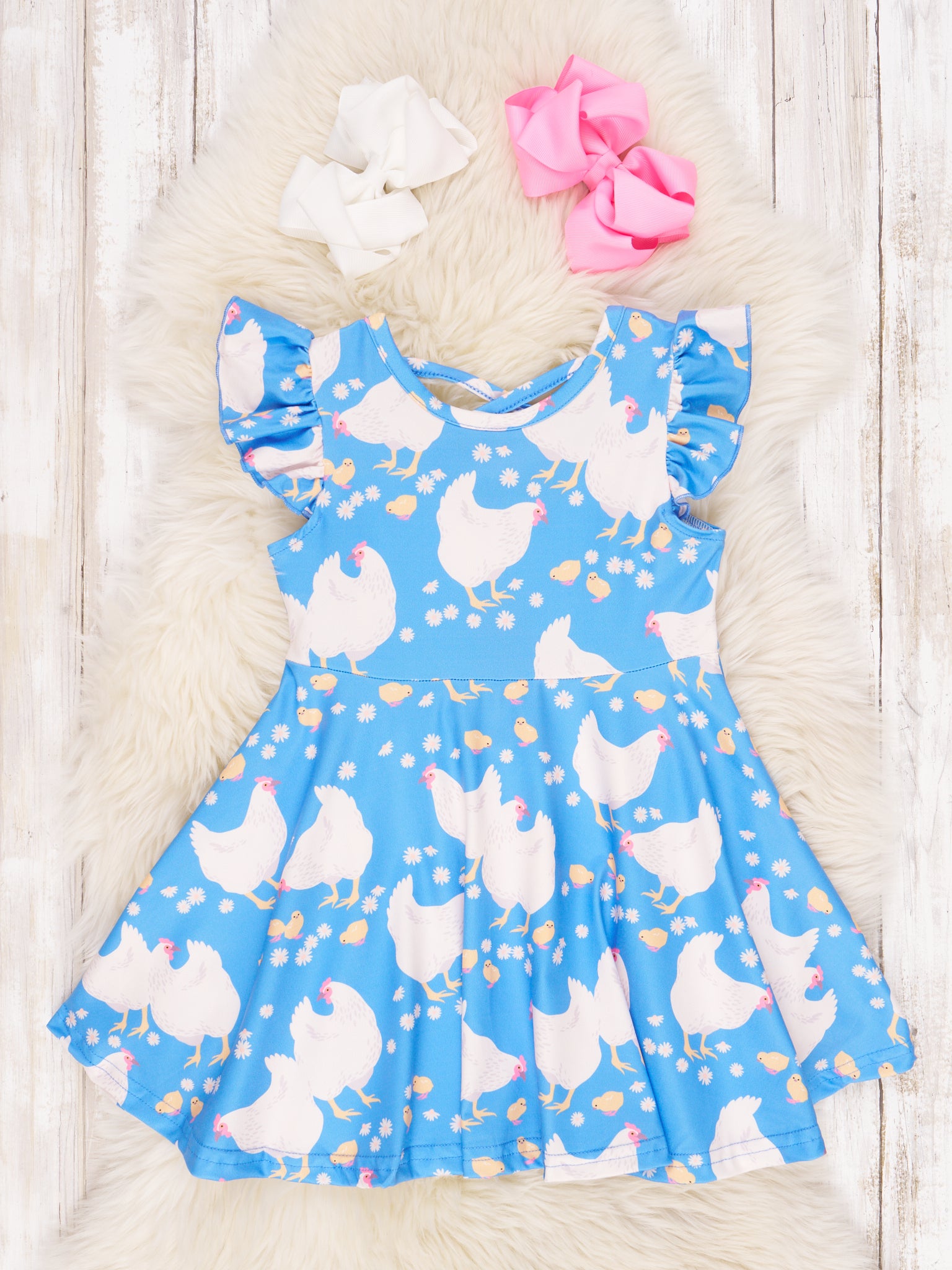 Blue Chickens Ruffle Dress - Marie Nicole Clothing
