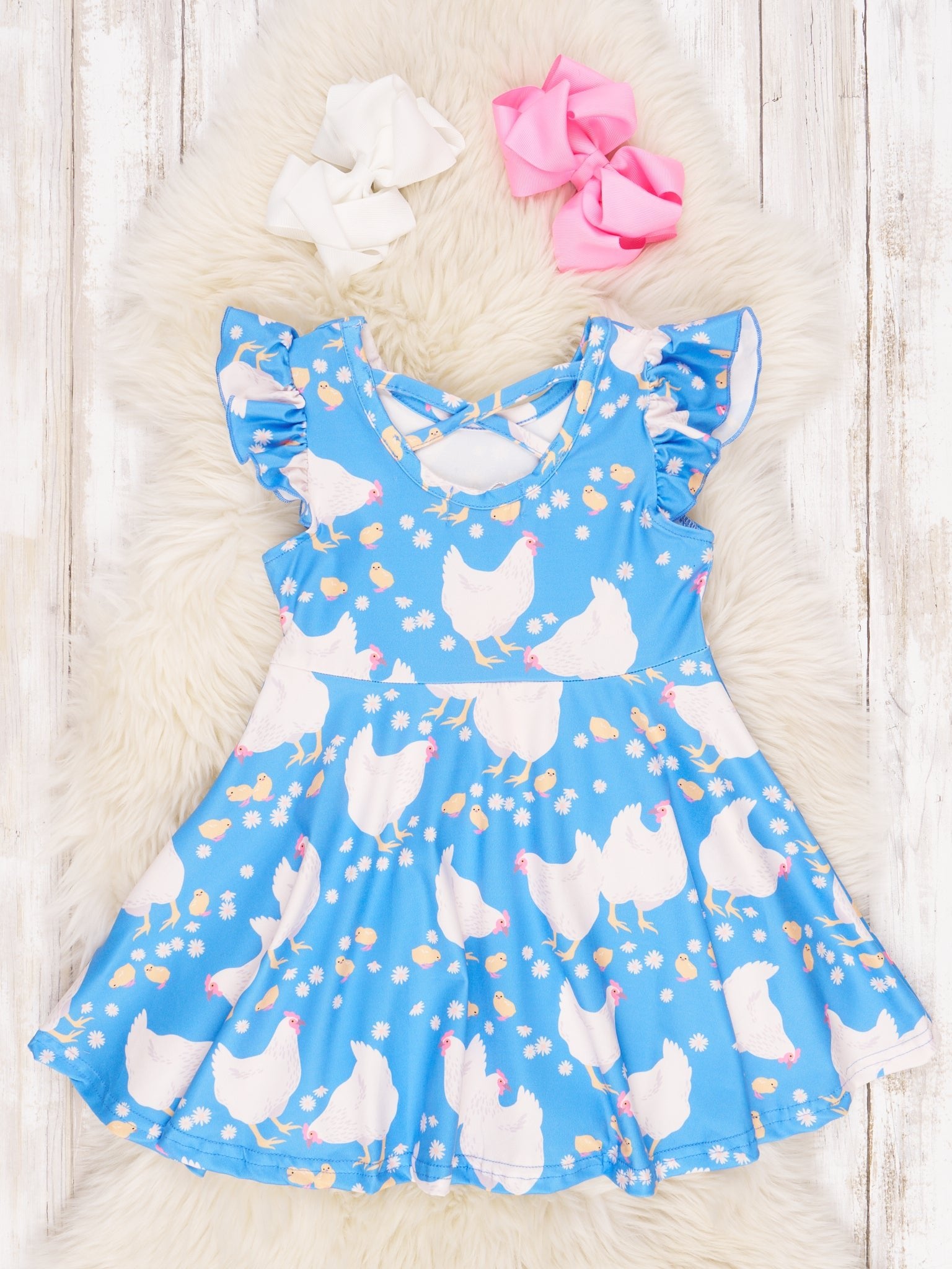 Blue Chickens Ruffle Dress - Marie Nicole Clothing