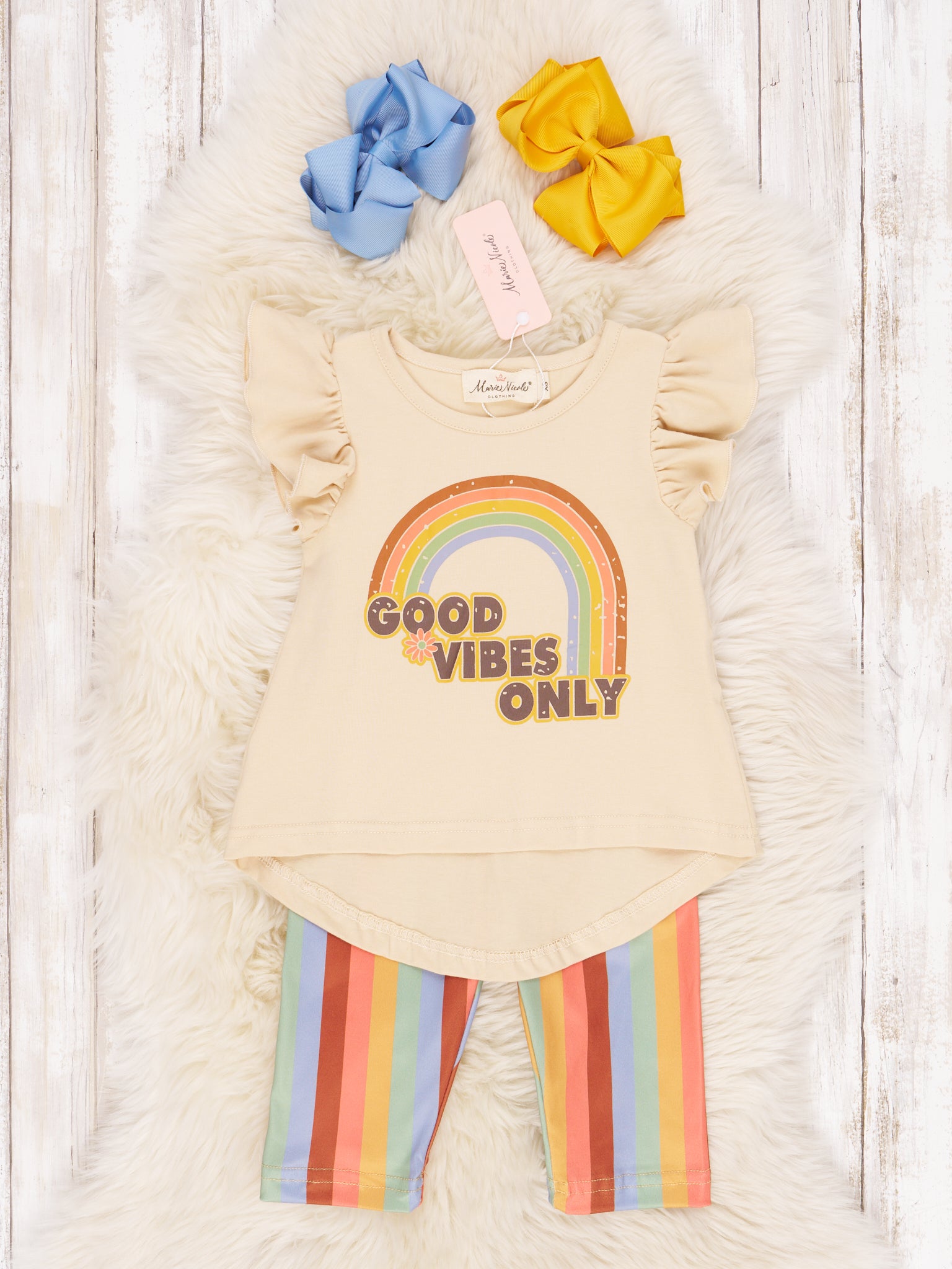 Rainbow "Good Vibes Only" Ruffle Outfit - Marie Nicole Clothing