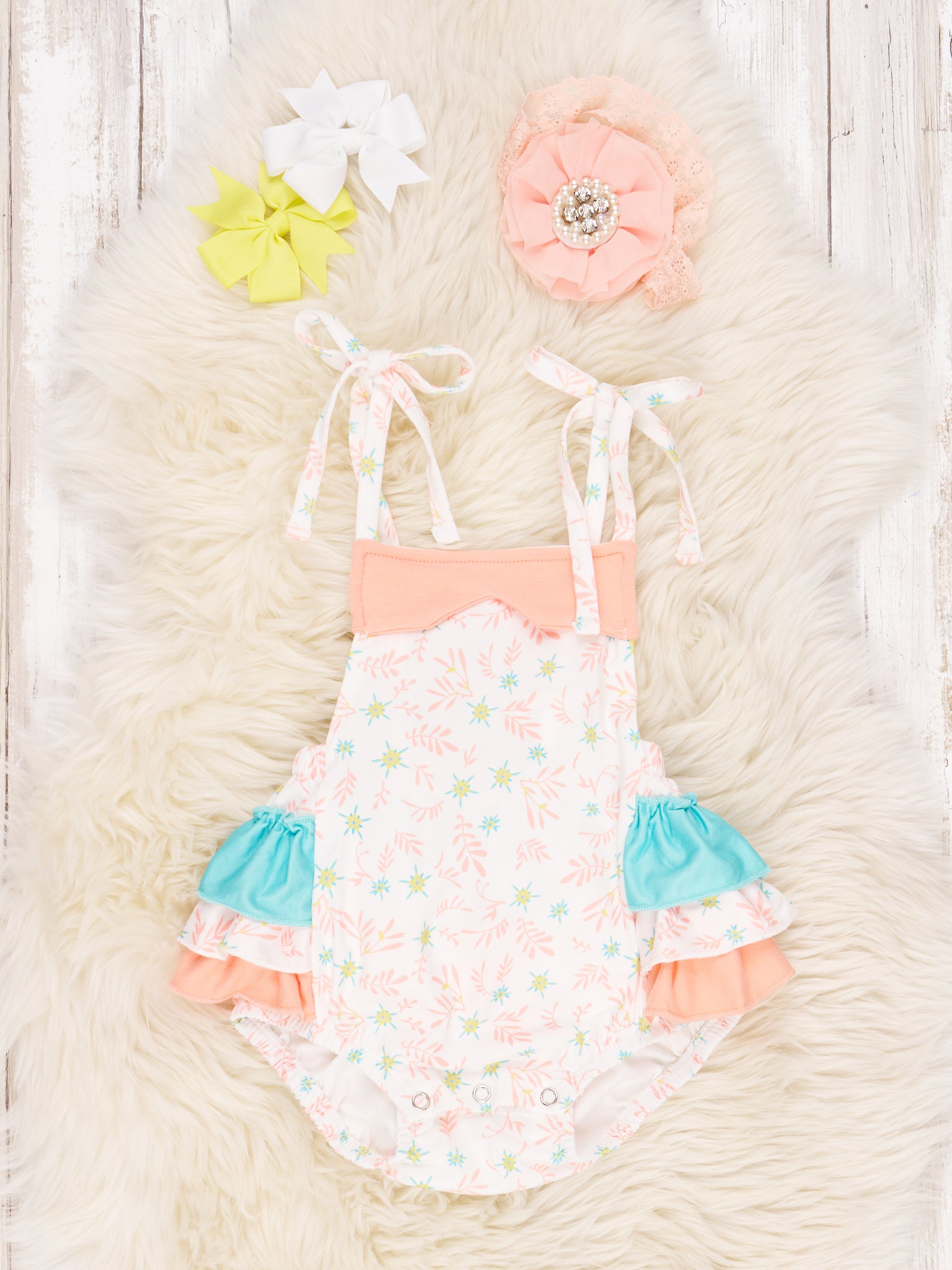 Light Orange Floral Ruffle Romper - Marie Nicole Clothing