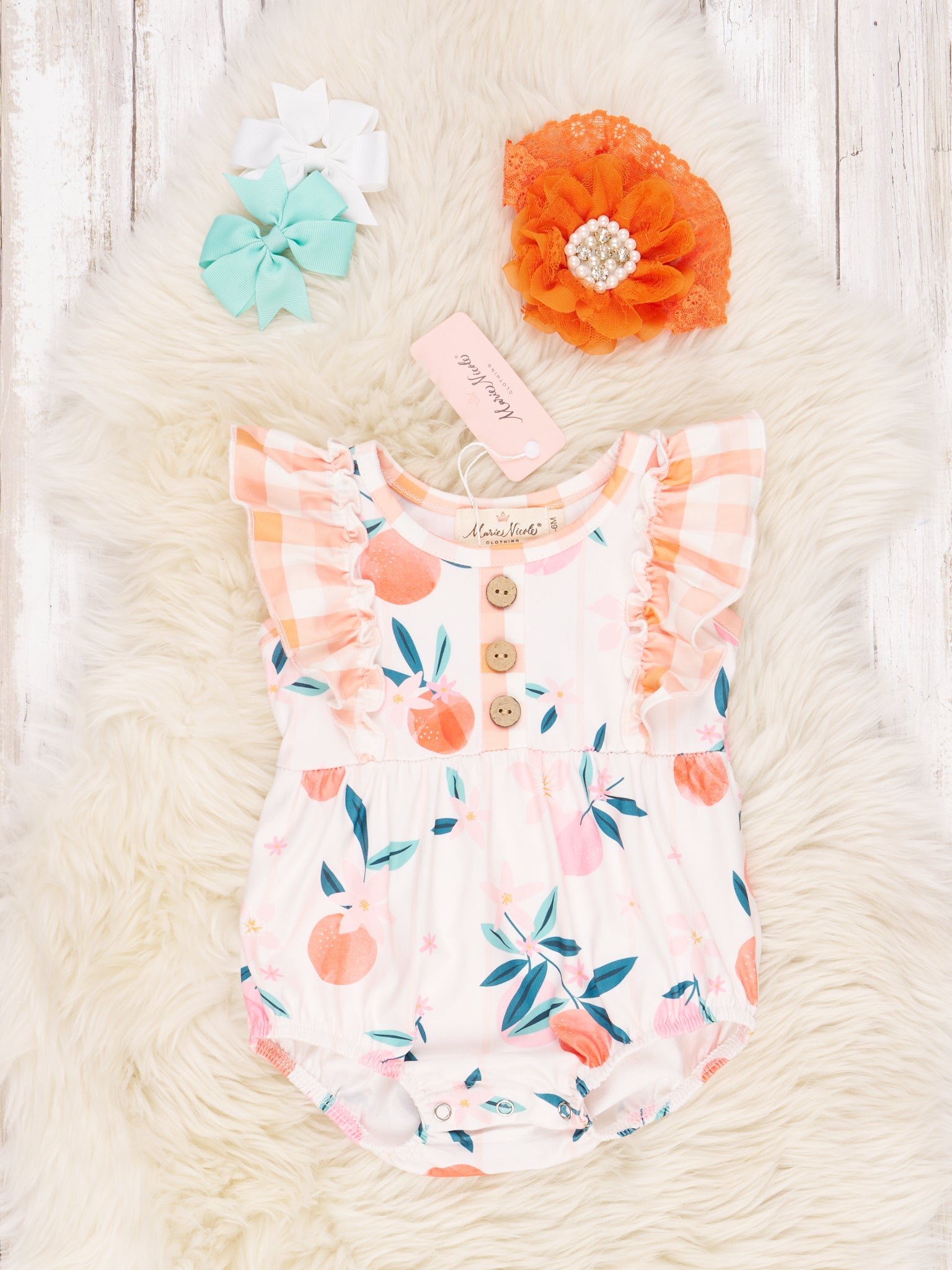 Gingham Oranges Ruffle Romper - Marie Nicole Clothing