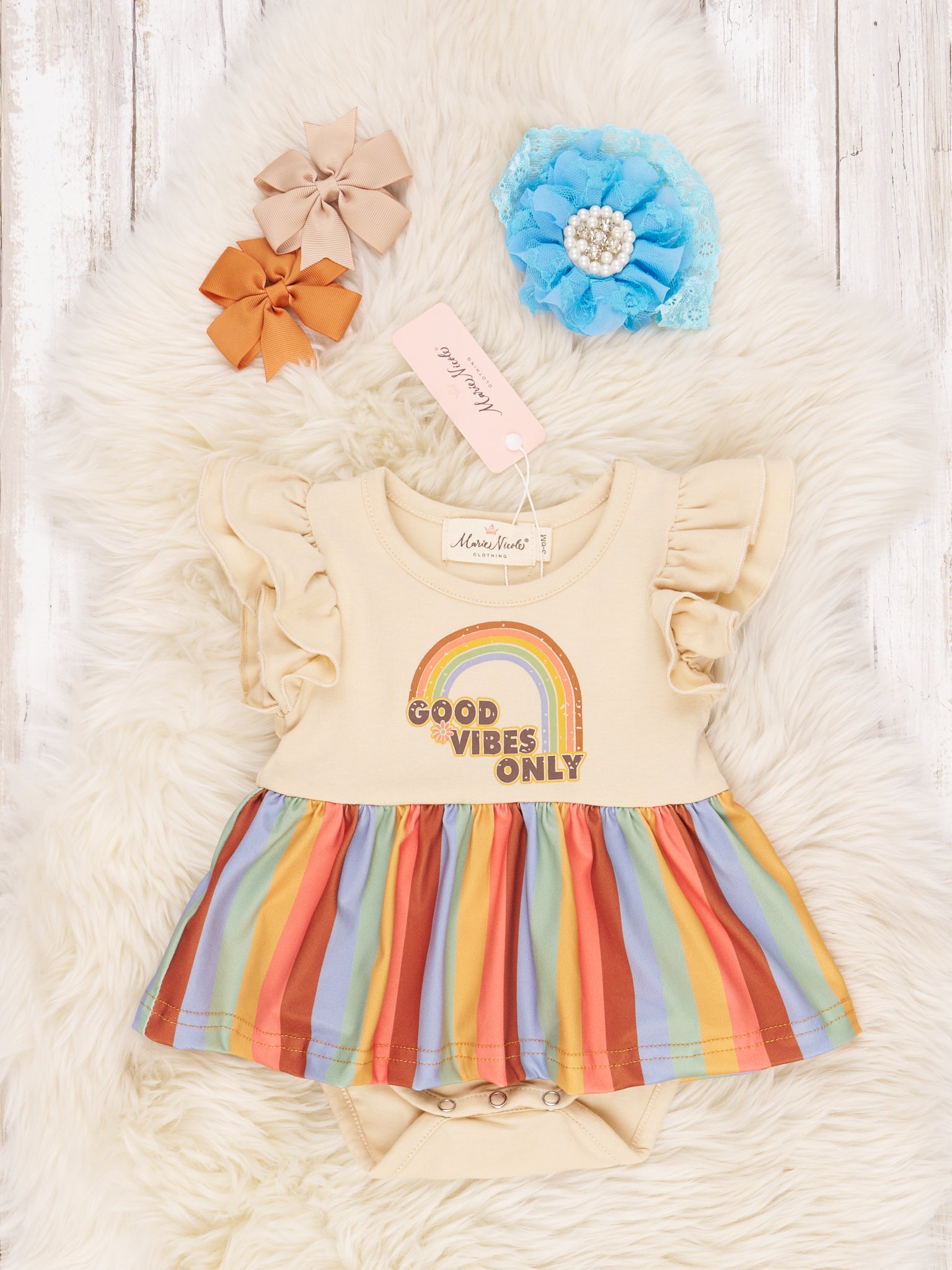 Rainbow "Good Vibes Only" Ruffle Romper - Marie Nicole Clothing