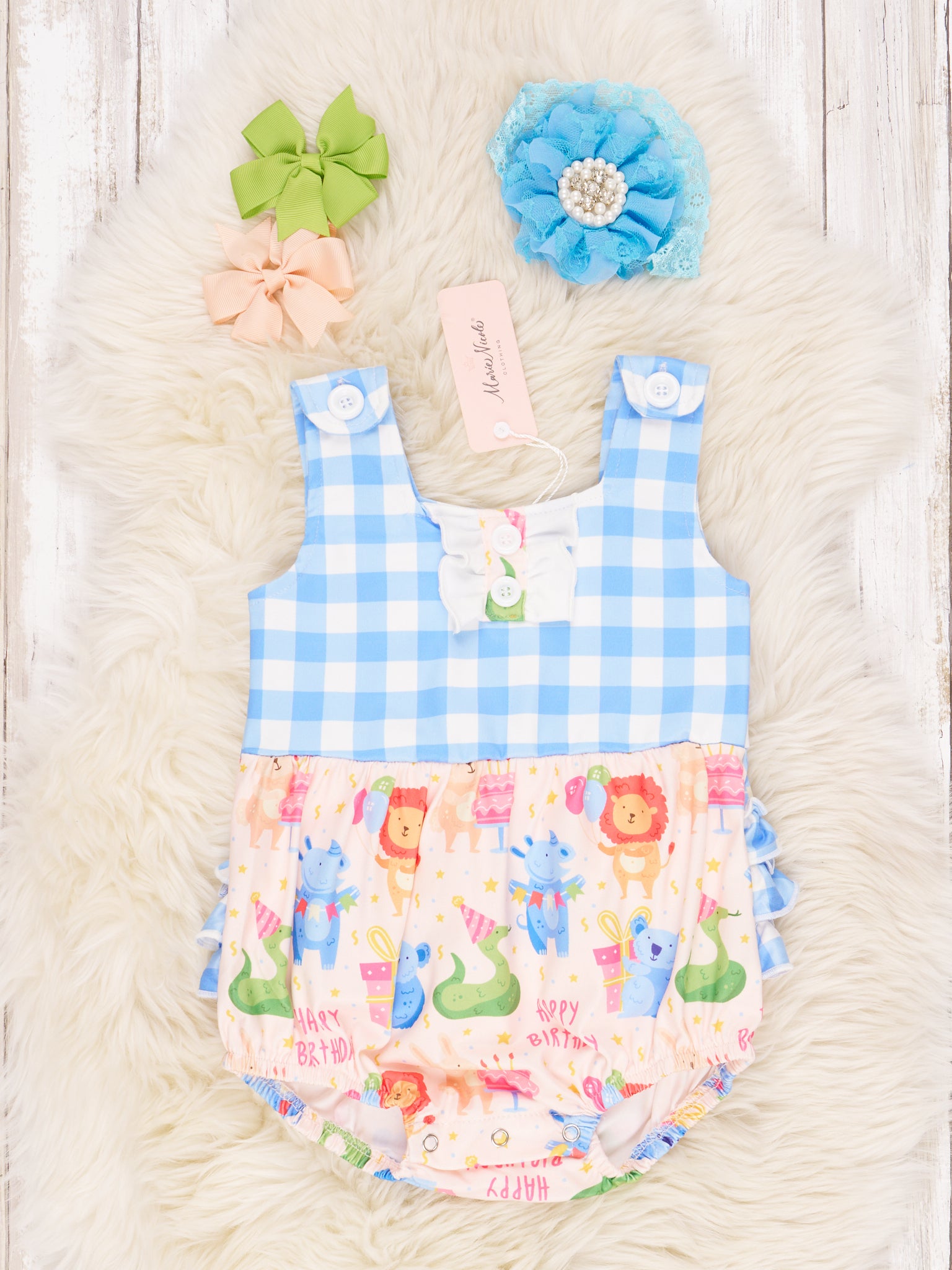 "Happy Birthday" Gingham Ruffle Romper - Marie Nicole Clothing