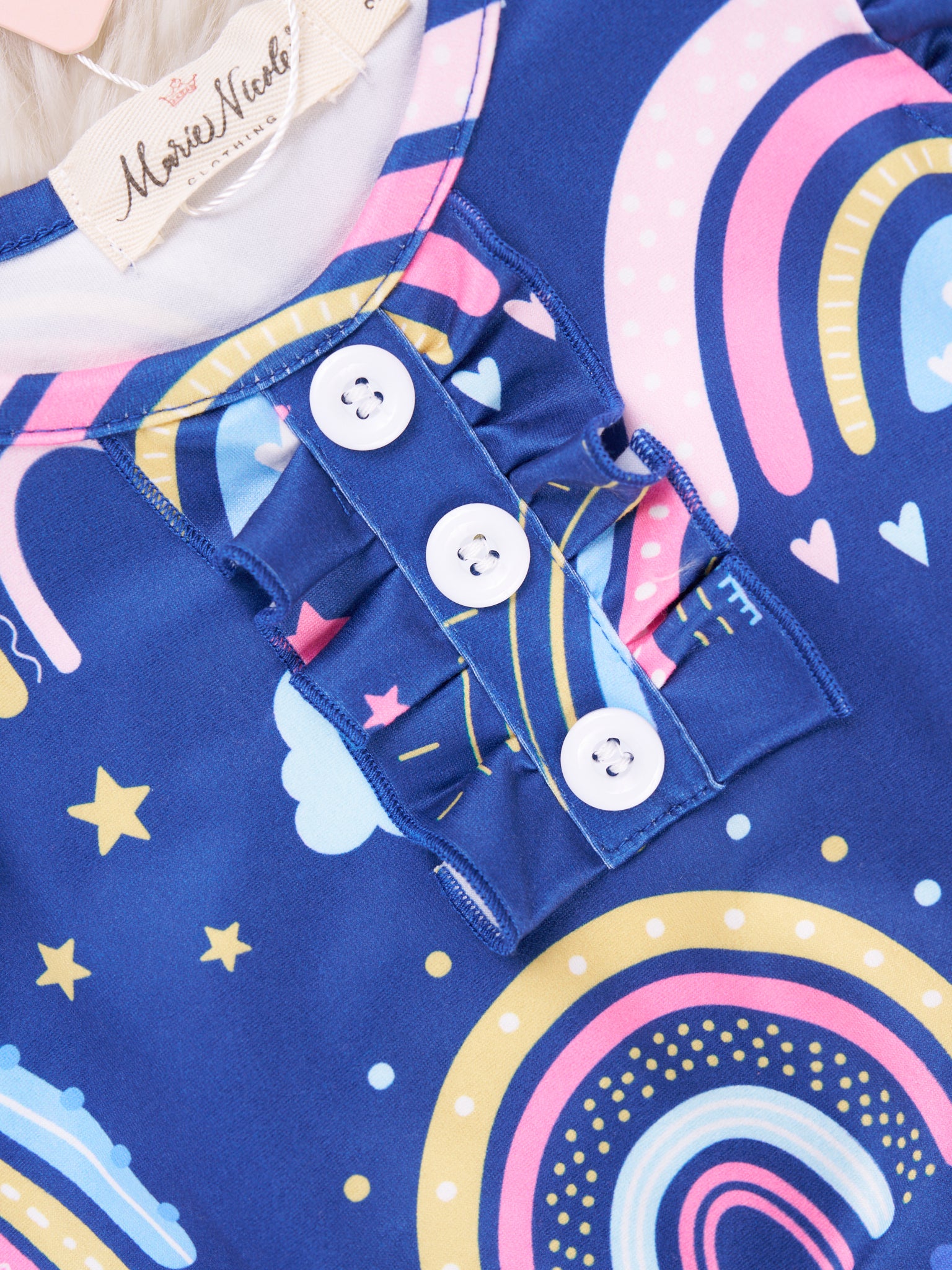 Navy Hearts & Rainbow Ruffle Romper - Marie Nicole Clothing