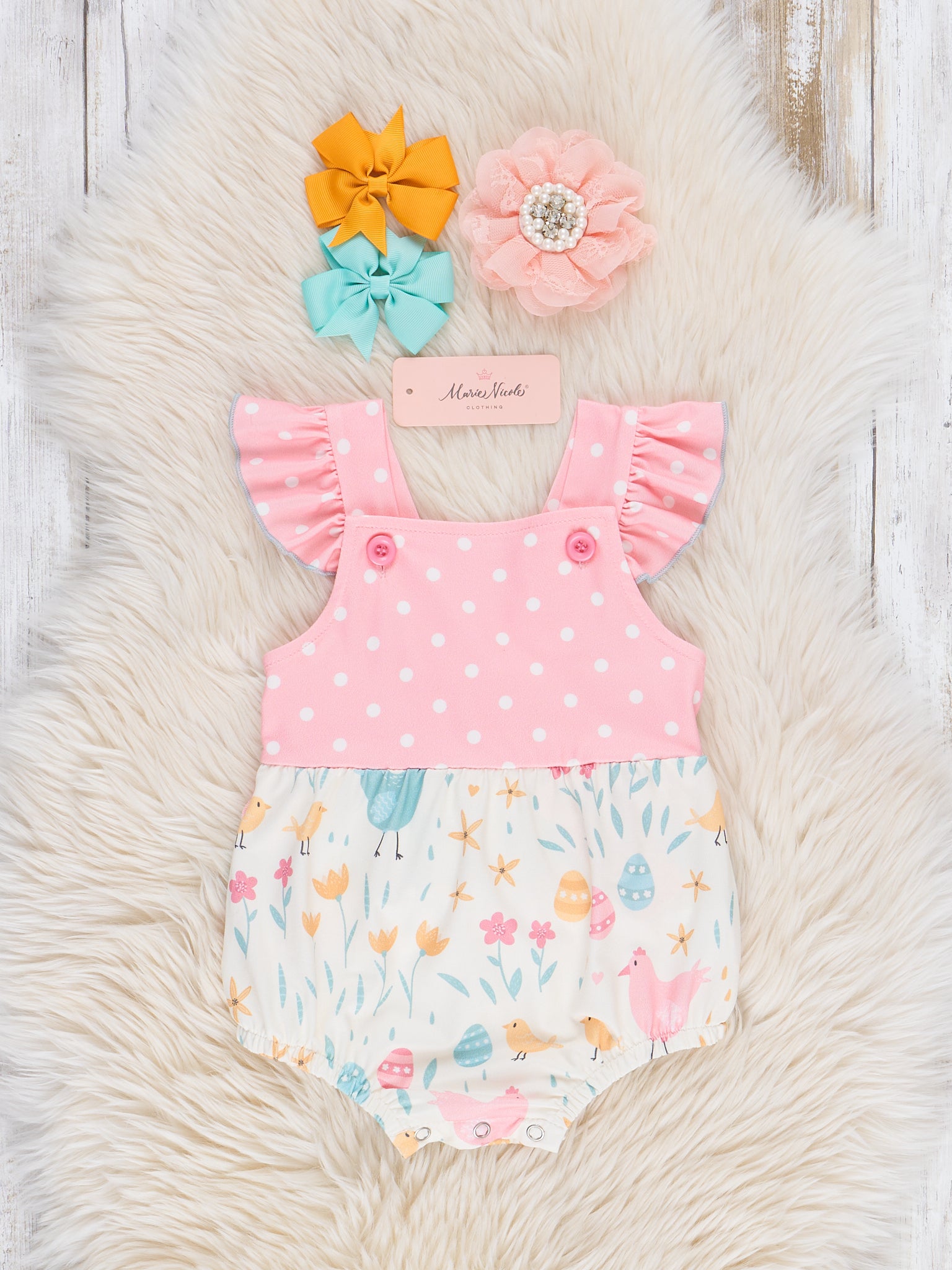 Chicken Egg Hunt Ruffle Bubble Romper - Marie Nicole Clothing
