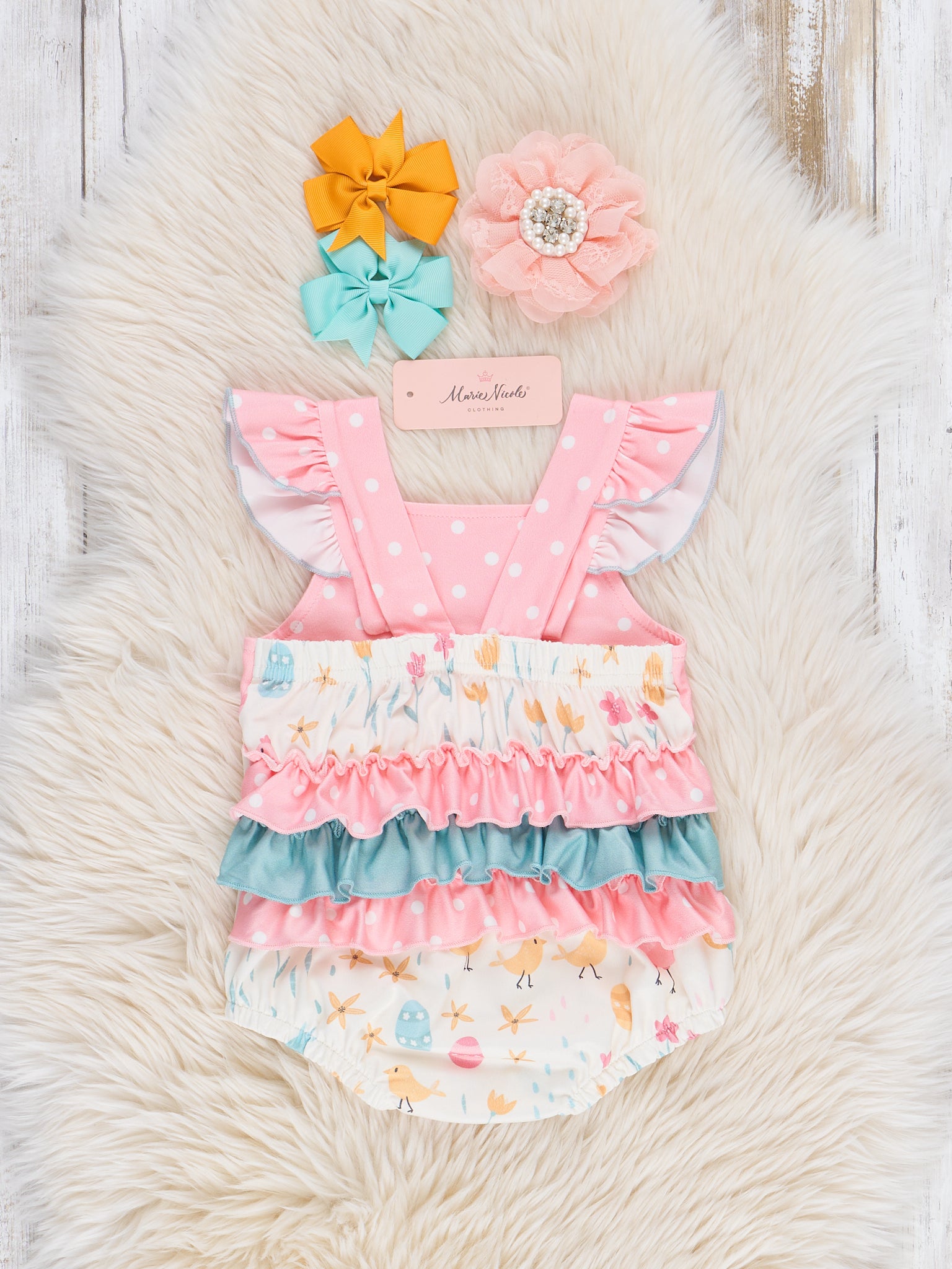 Chicken Egg Hunt Ruffle Bubble Romper - Marie Nicole Clothing