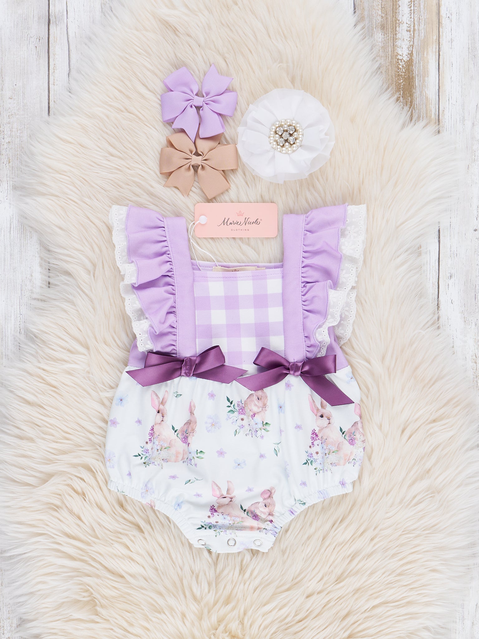 Lavender Gingham Flutter Sleeve Bunny Romper - Marie Nicole Clothing
