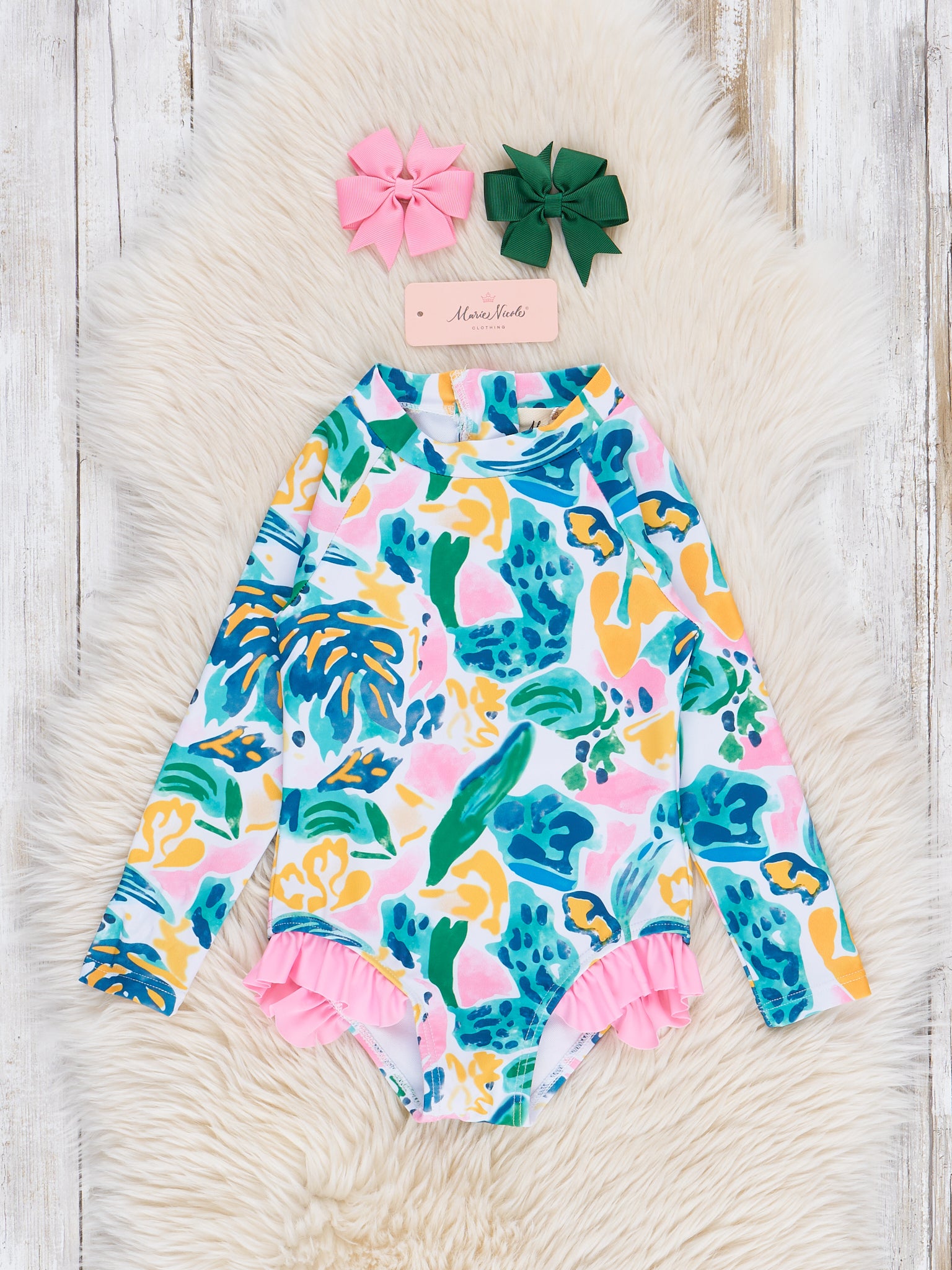 Watercolor Banana Leaves Ruffle Rashguard Swimsuit - Marie Nicole Clothing