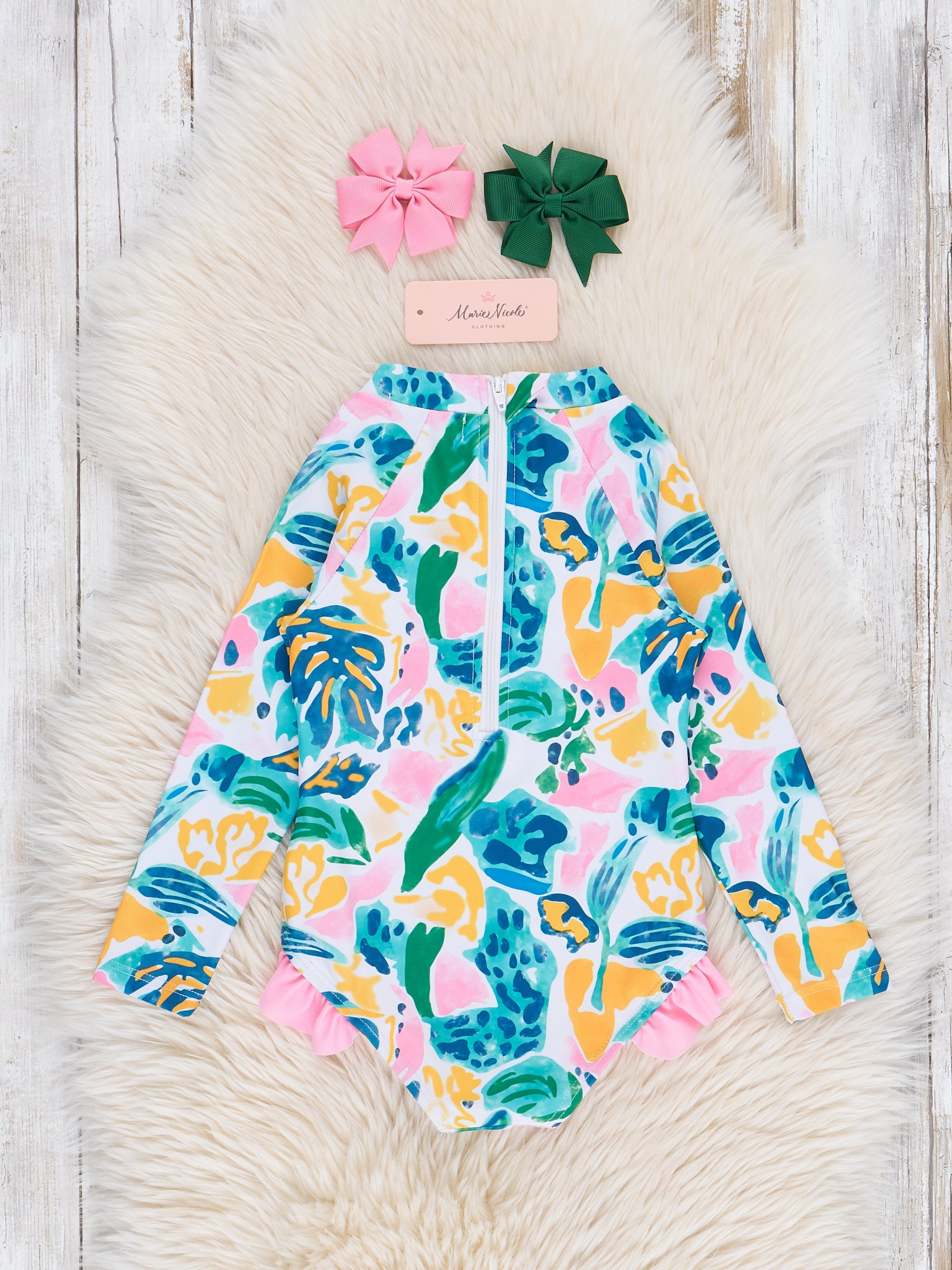 Watercolor Banana Leaves Ruffle Rashguard Swimsuit - Marie Nicole Clothing