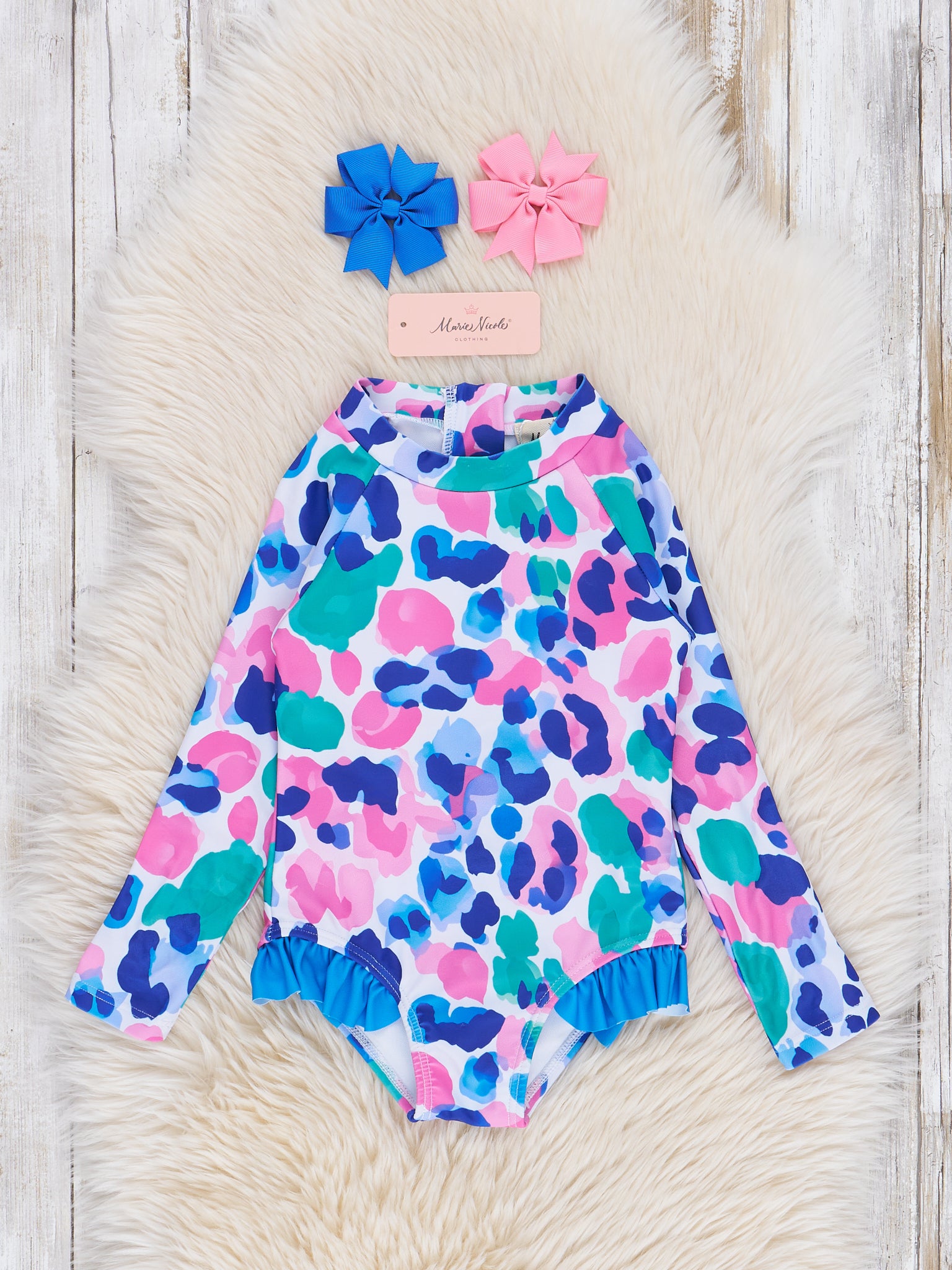 Leopard Watercolor Ruffle Rashguard Swimsuit - Marie Nicole Clothing