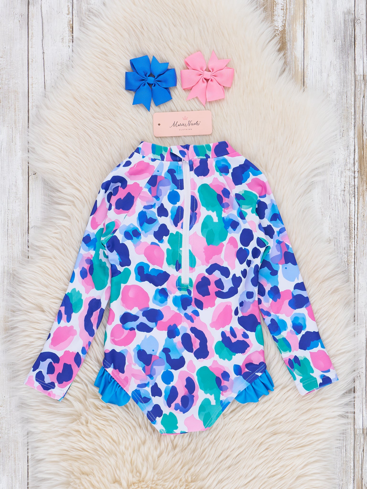 Leopard Watercolor Ruffle Rashguard Swimsuit - Marie Nicole Clothing