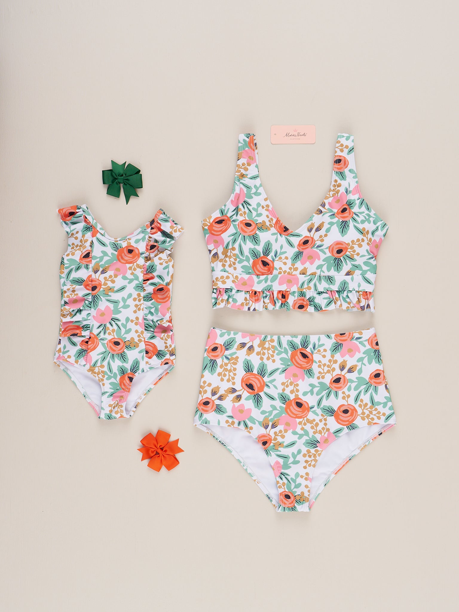 Mom & Me Orange Poppy Ruffle Swimsuit - Marie Nicole Clothing