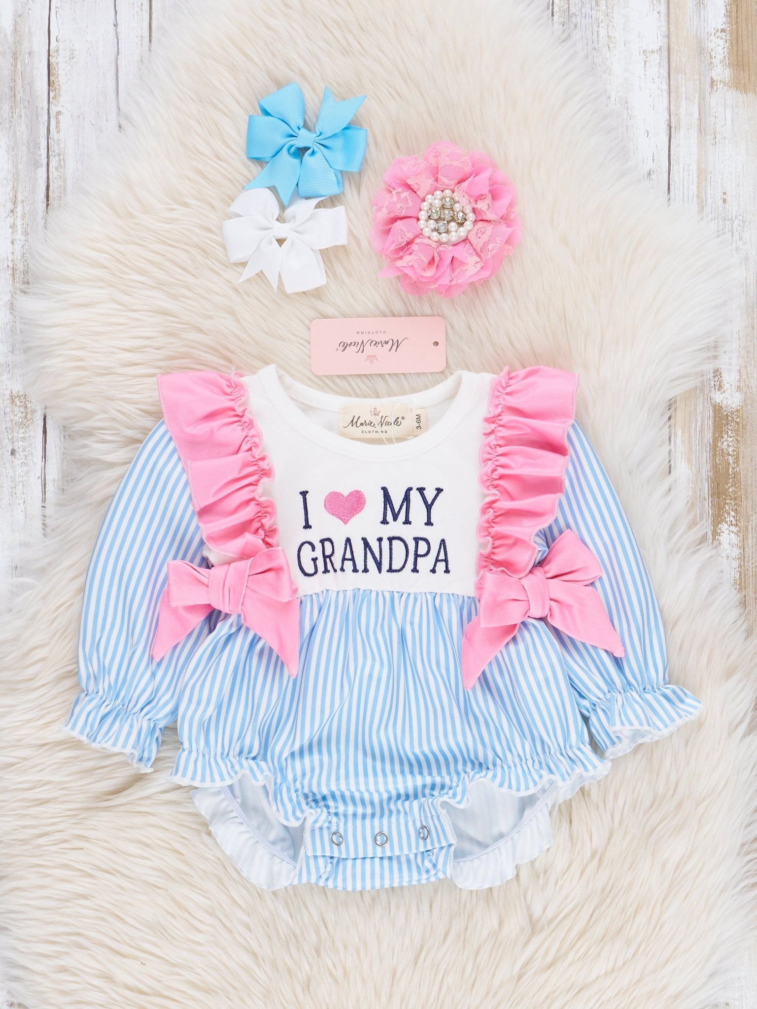 Blue Stripe Family Love Ruffle Bubble Romper - Marie Nicole Clothing