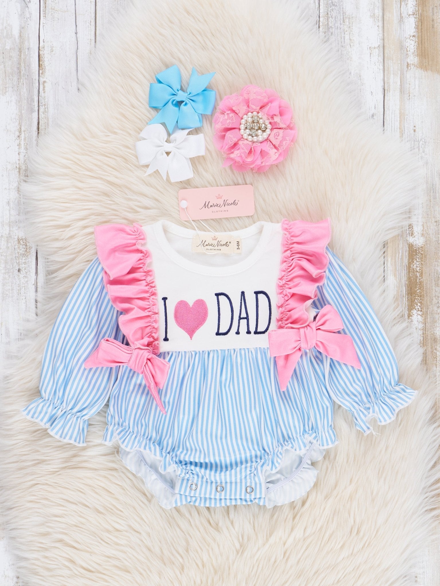Blue Stripe Family Love Ruffle Bubble Romper - Marie Nicole Clothing