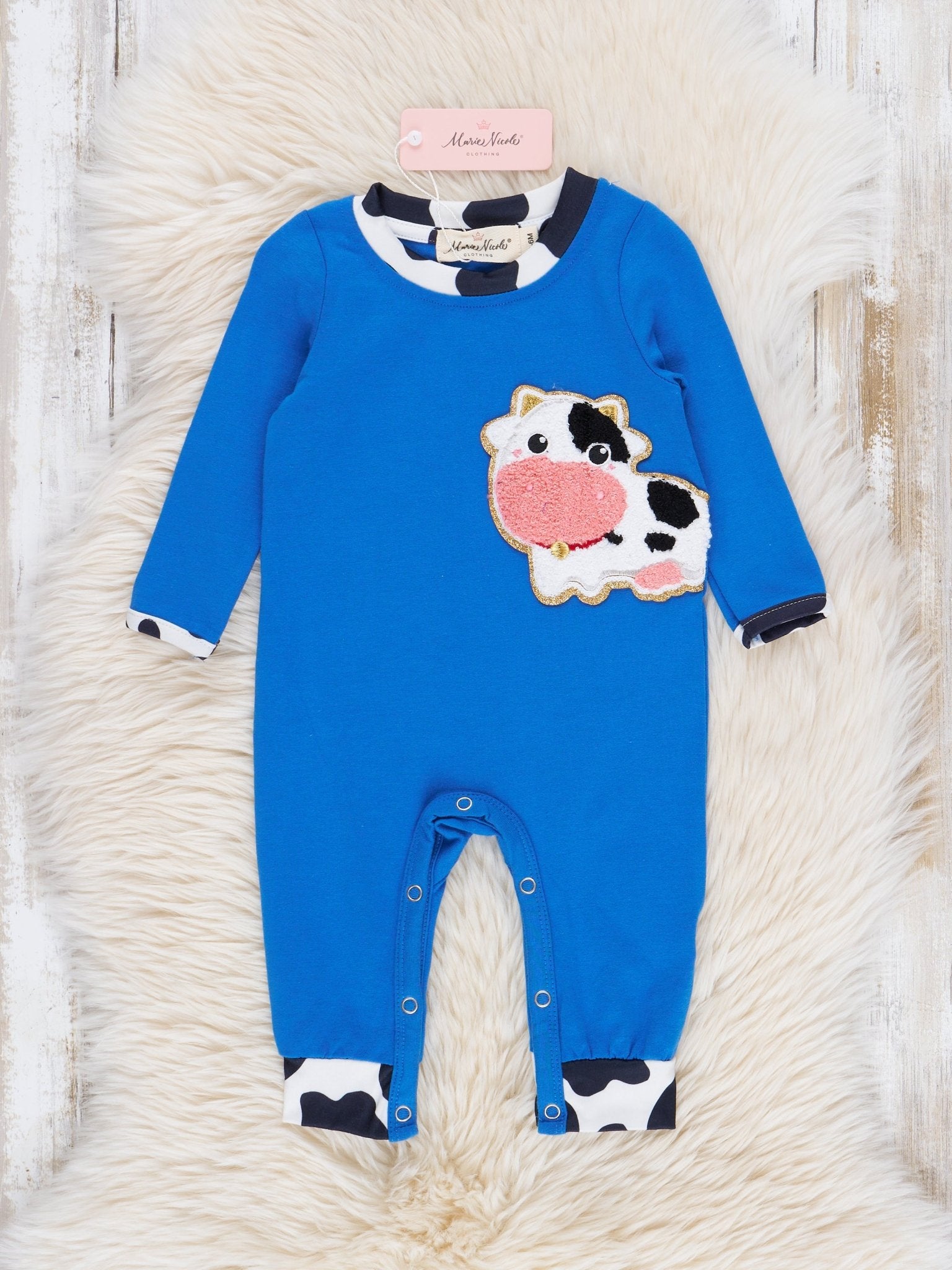 Blue Chenille Cow Romper - Marie Nicole Clothing