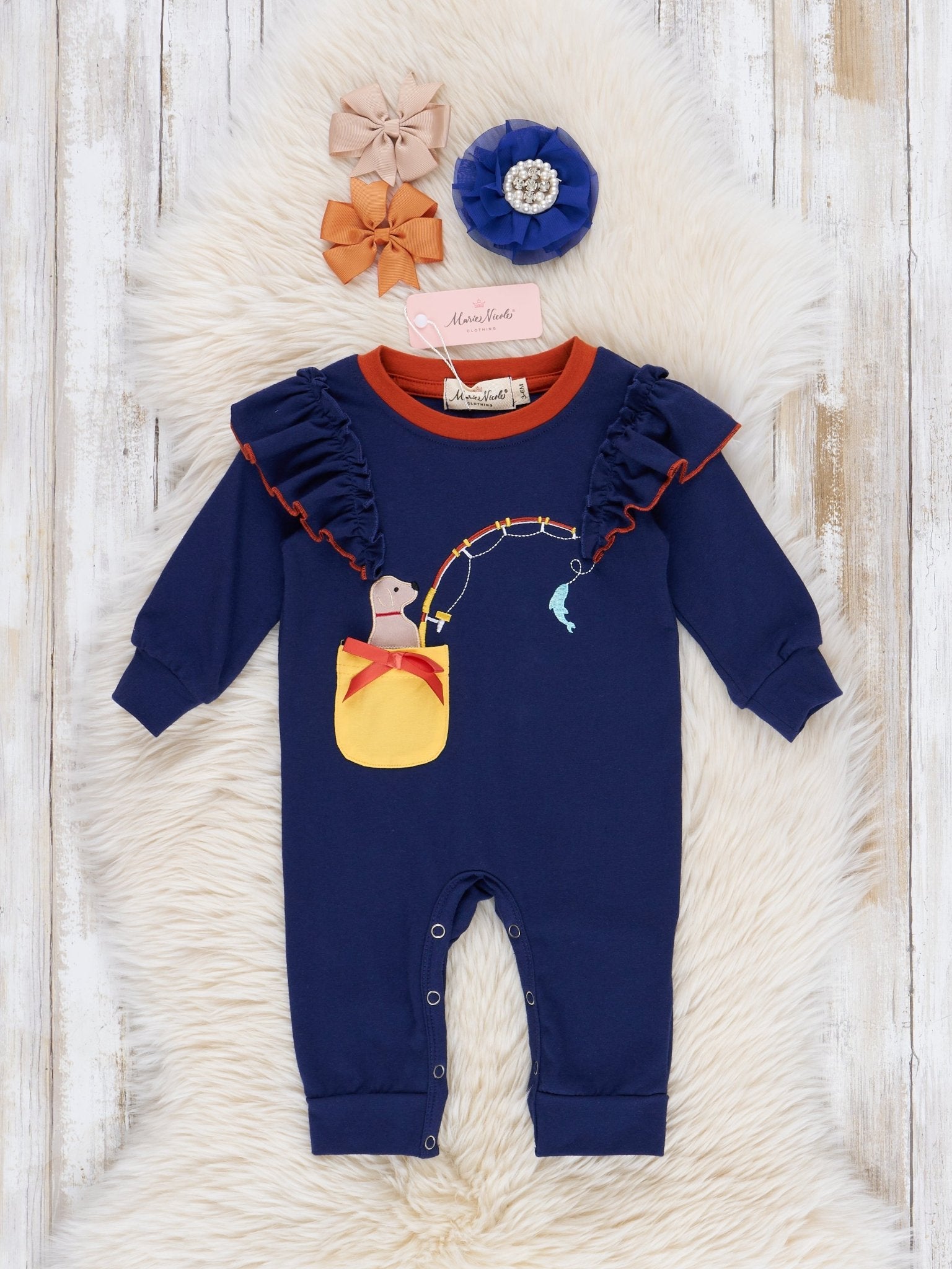Navy Embroidered Fishing Puppy Ruffle Romper - Marie Nicole Clothing
