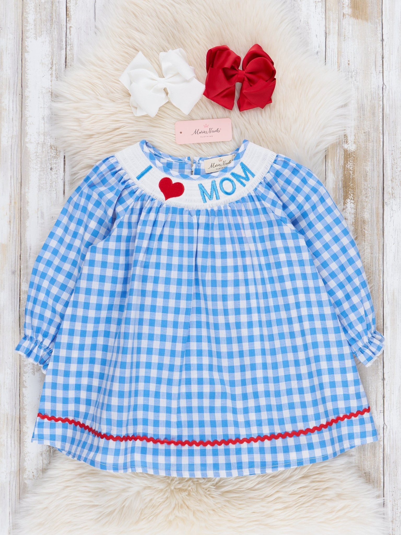 Blue Gingham Smocked Mom Love Dress - Marie Nicole Clothing