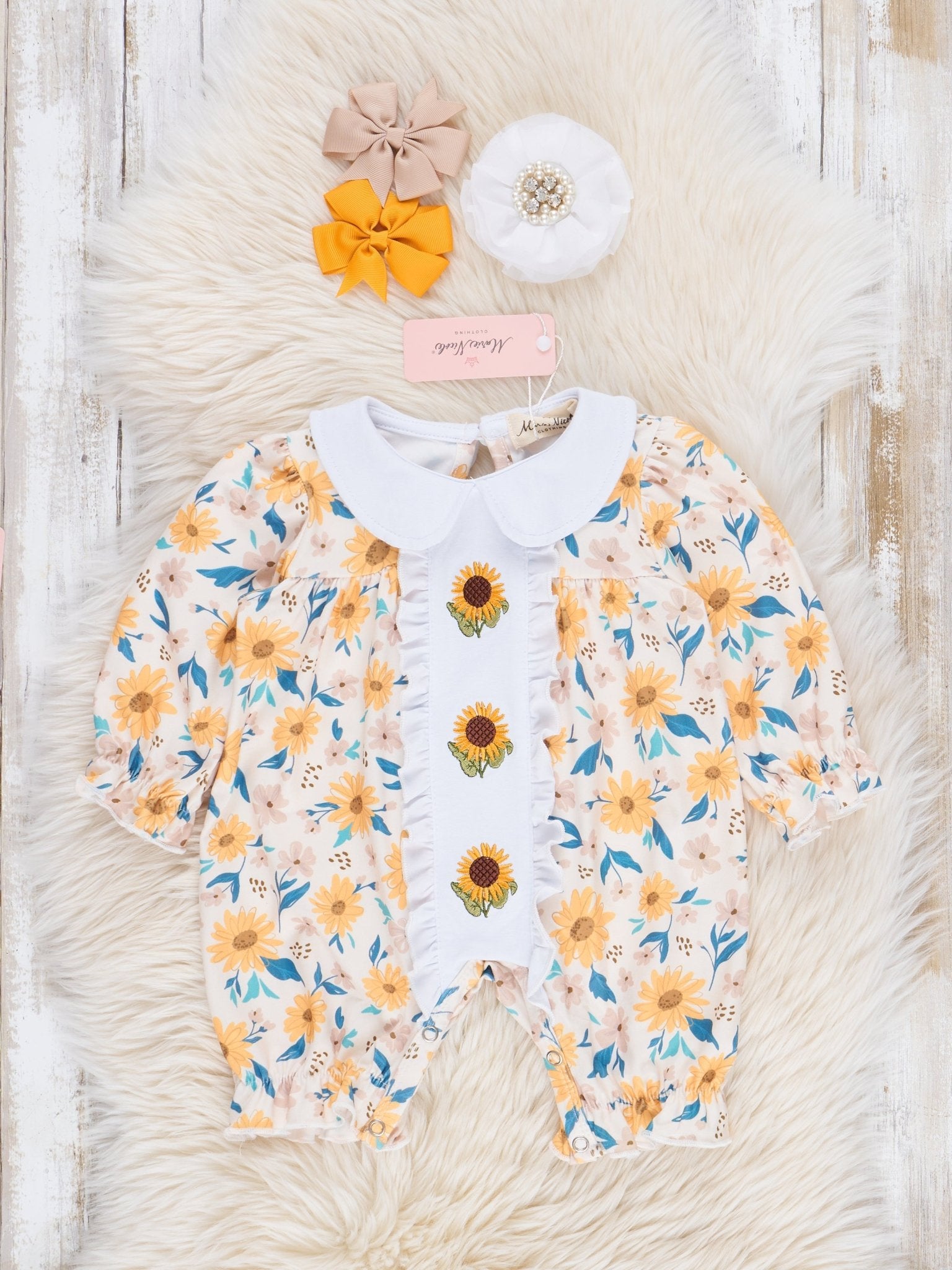 Sunflower Garden Embroidered Ruffle Romper - Marie Nicole Clothing