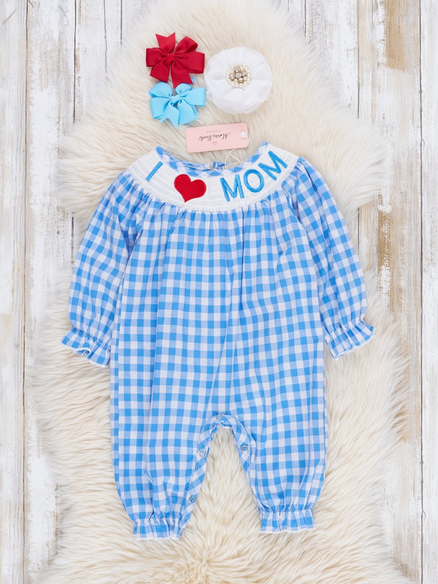 Blue Gingham Smocked Mom Love Romper - Marie Nicole Clothing