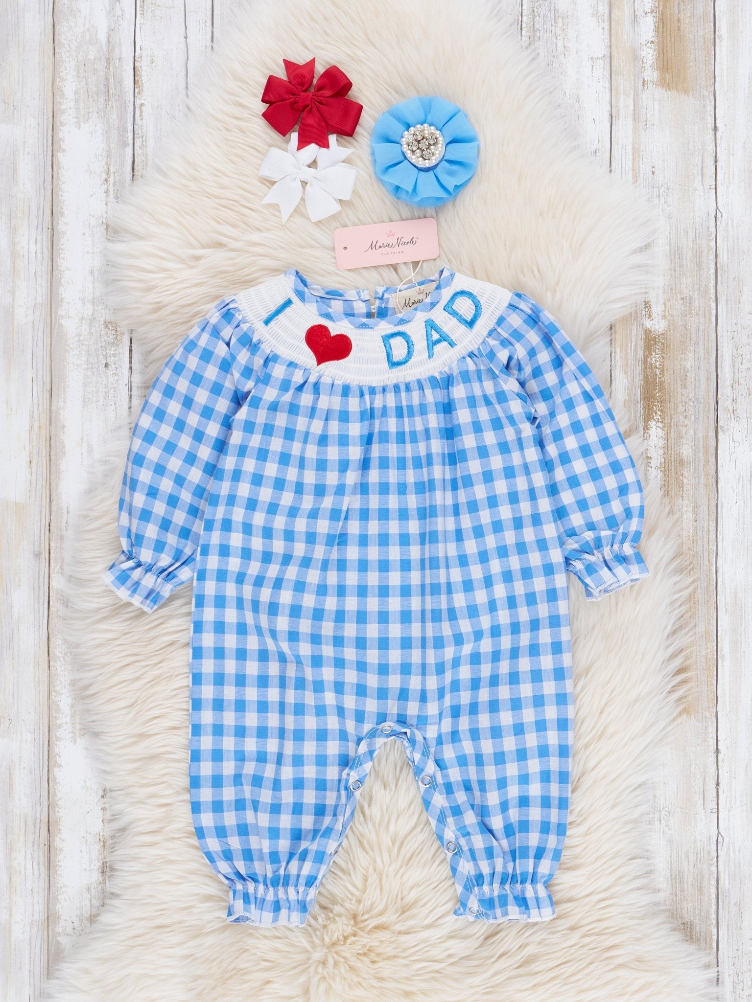 Blue Gingham Smocked Dad Love Romper - Marie Nicole Clothing