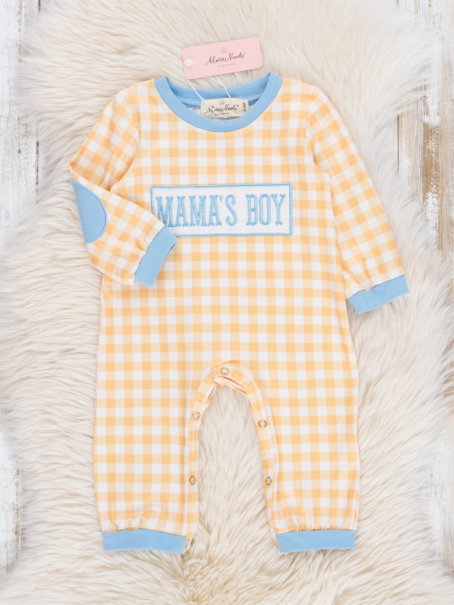 Blue & Yellow Smocked "Mama's Boy" Romper - Marie Nicole Clothing