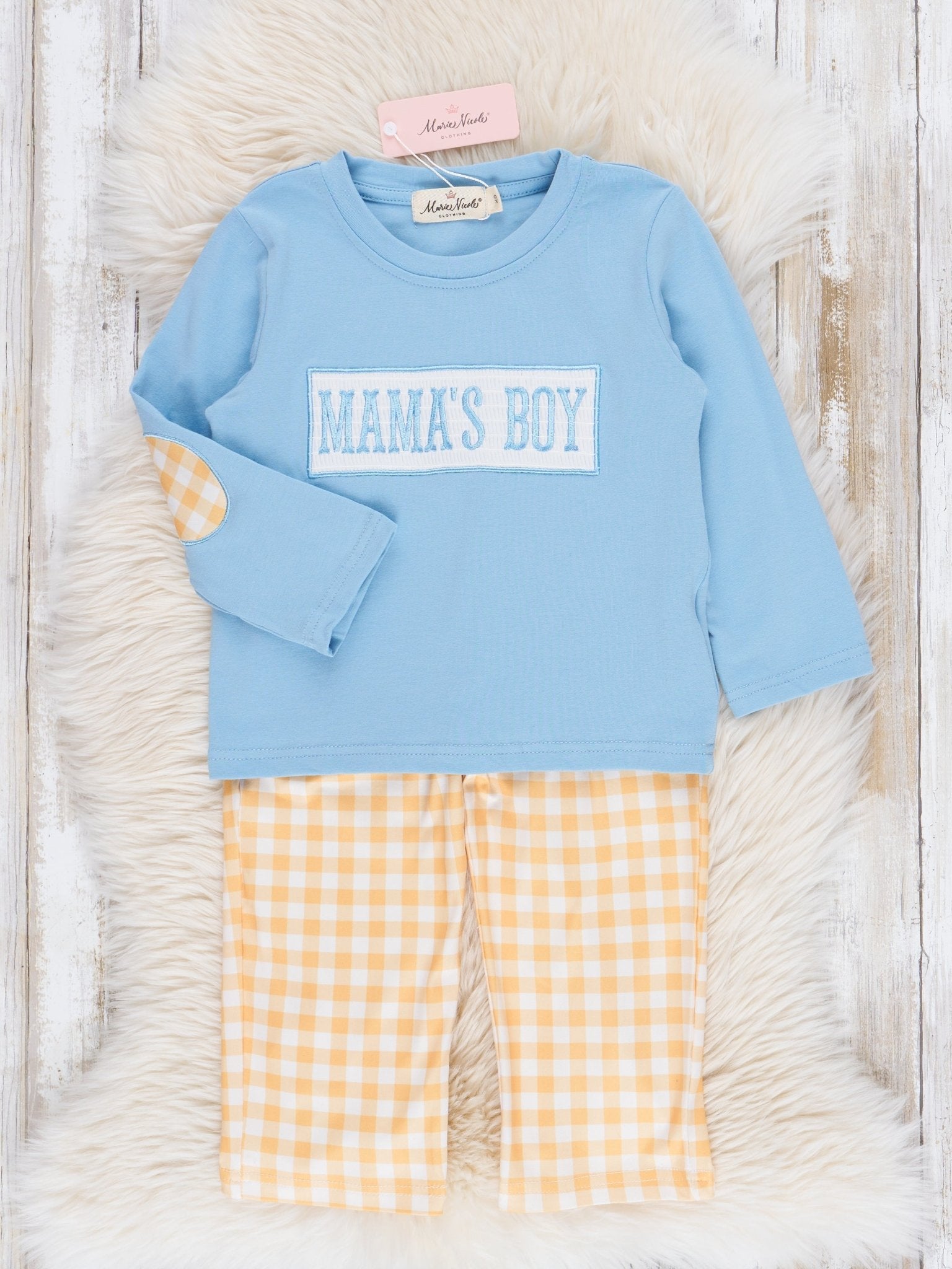 Blue & Yellow Smocked "Mama's Boy" Outfit - Marie Nicole Clothing