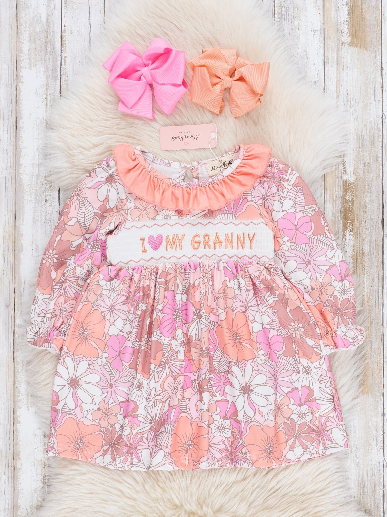 Peach Floral Smocked Granny Love Dress - Marie Nicole Clothing