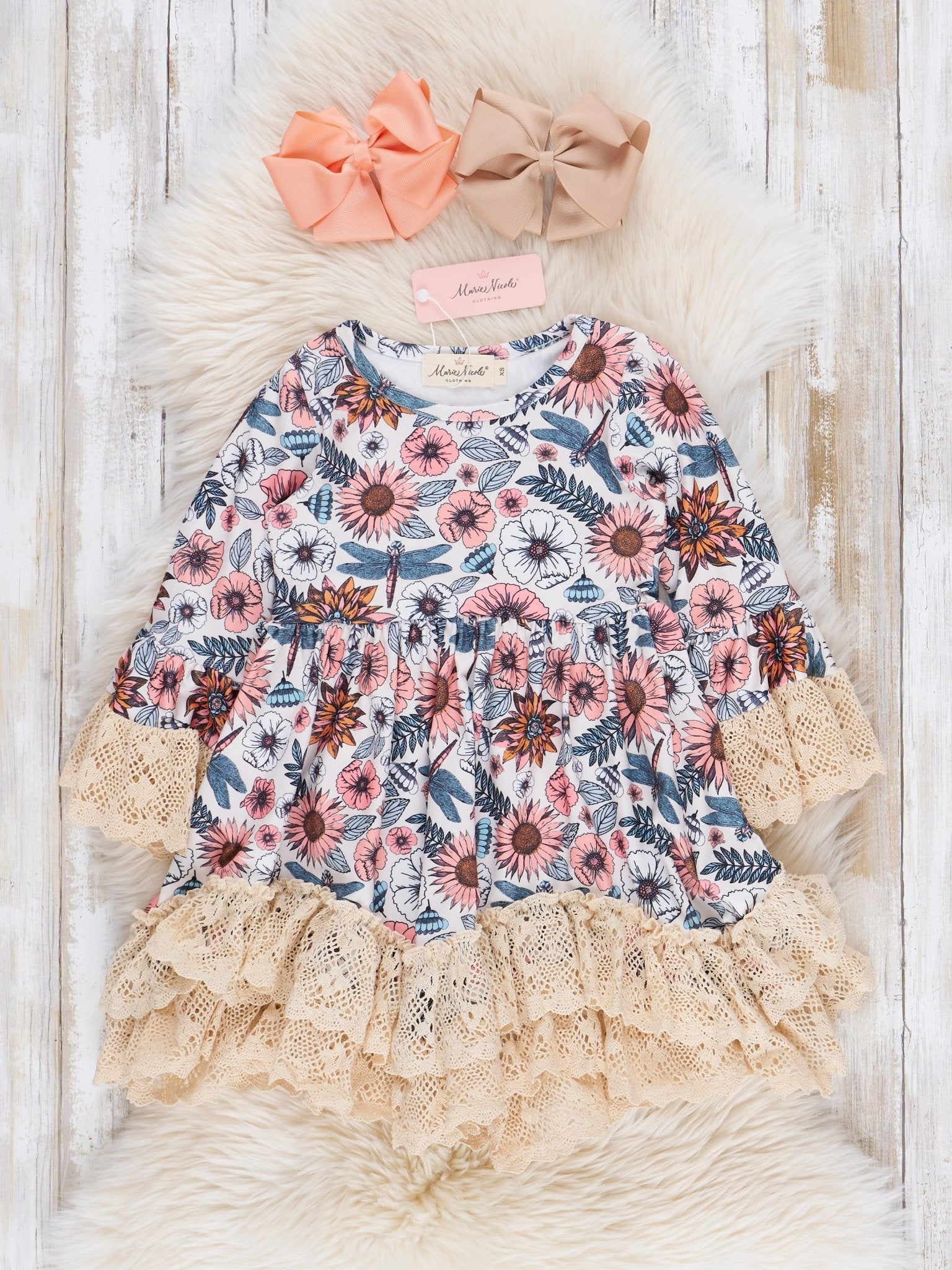 Peach & Green Garden Lace Trim Ruffle Dress - Marie Nicole Clothing