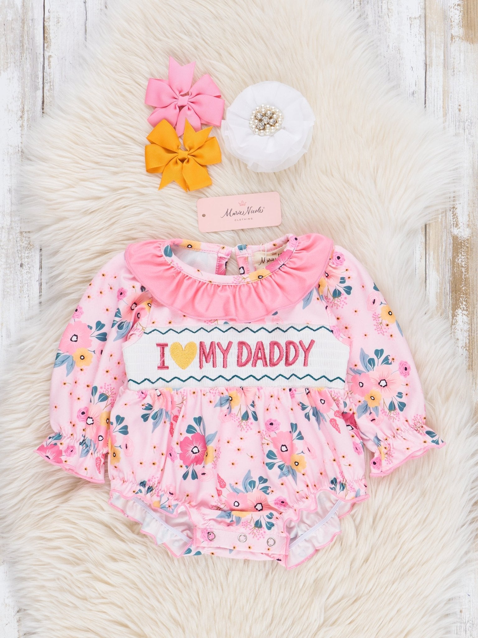Pink Floral Smocked Dad Love Bubble Romper - Marie Nicole Clothing