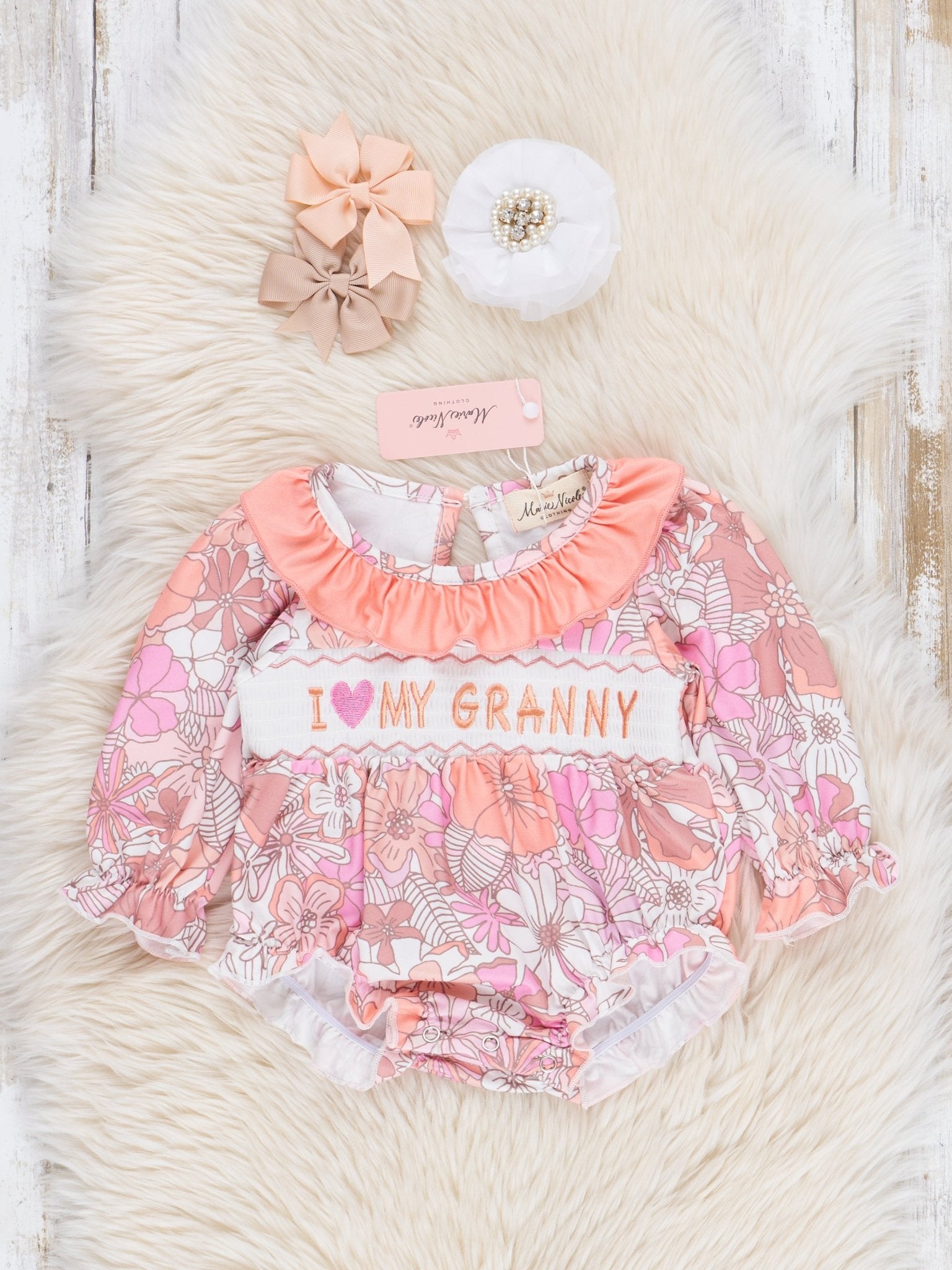 Peach Floral Smocked Granny Love Bubble Romper - Marie Nicole Clothing