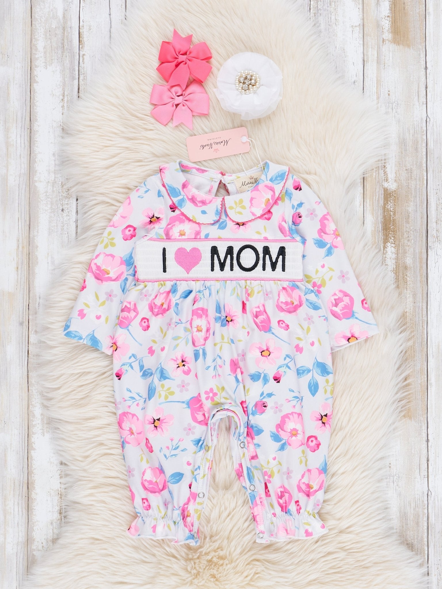 Sweet Pink Floral Smocked Mom Love Ruffle Romper - Marie Nicole Clothing