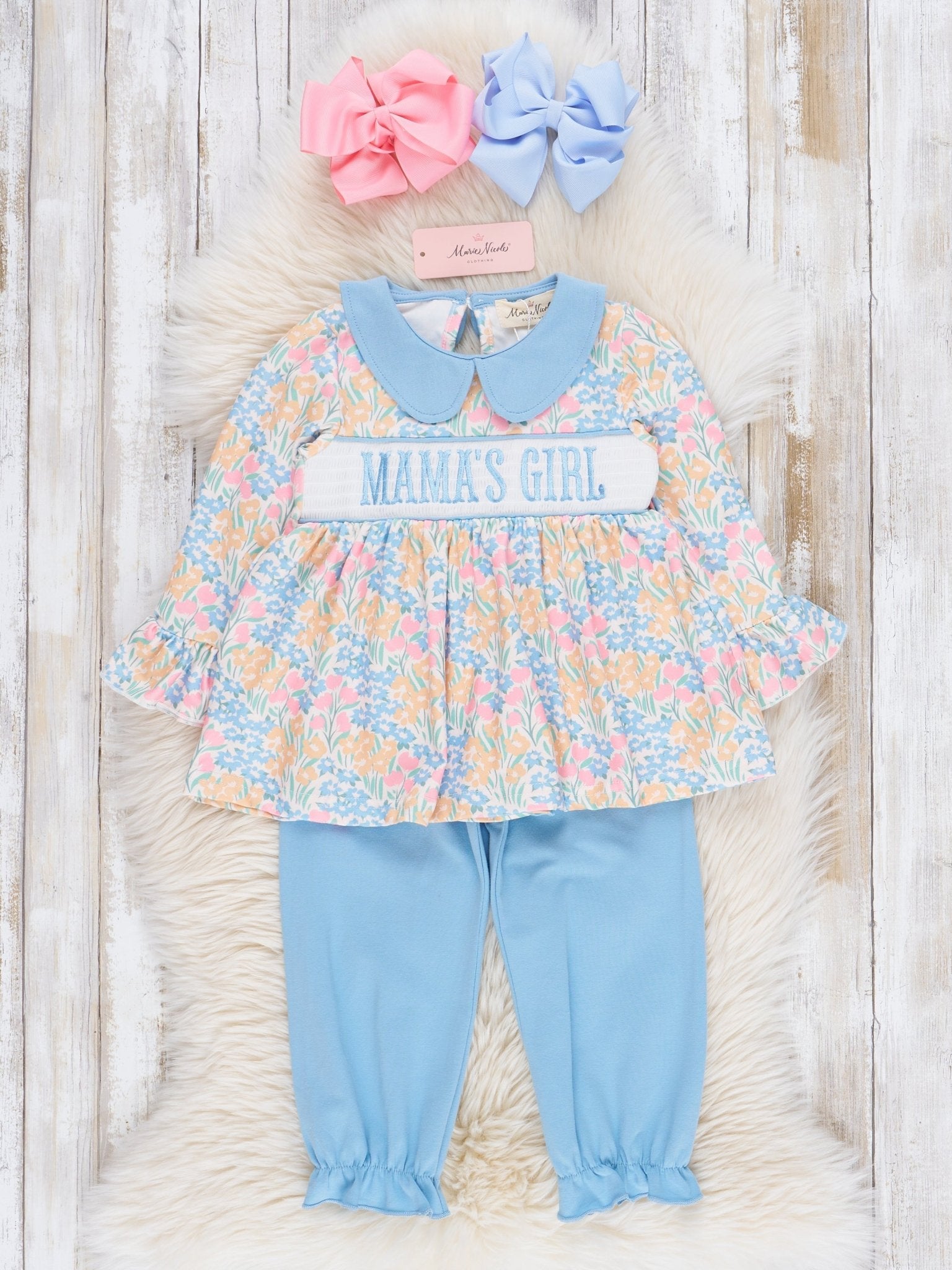 Blue & Yellow Smocked "Mama's Girl" Outfit - Marie Nicole Clothing