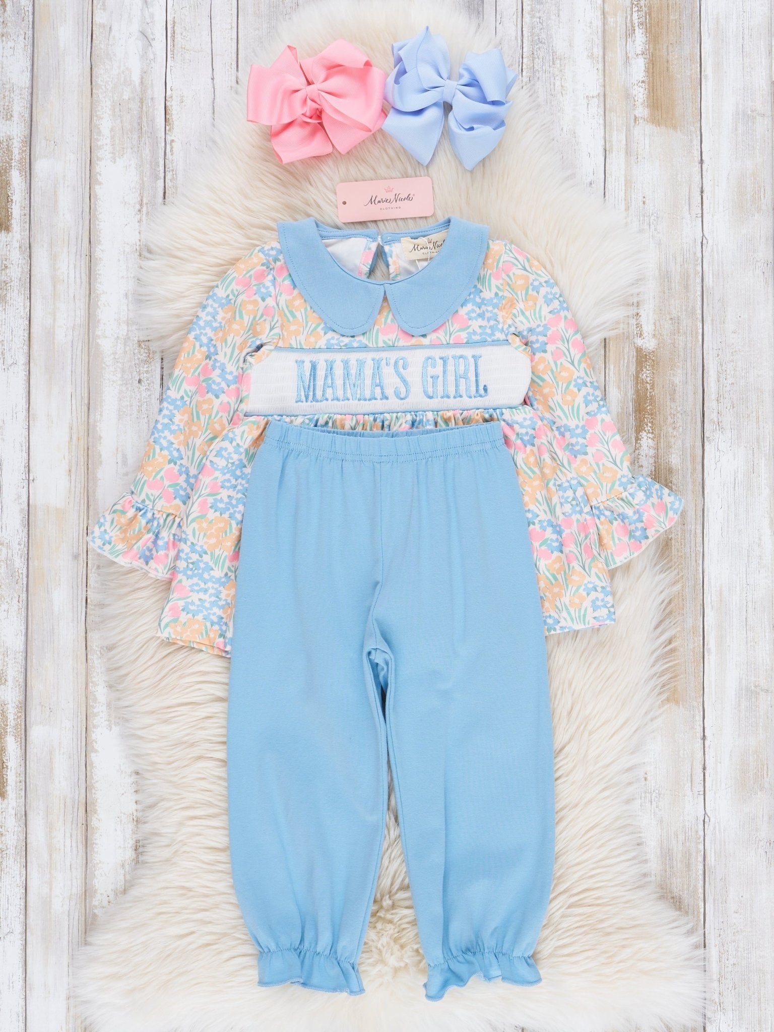 Blue & Yellow Smocked "Mama's Girl" Outfit - Marie Nicole Clothing