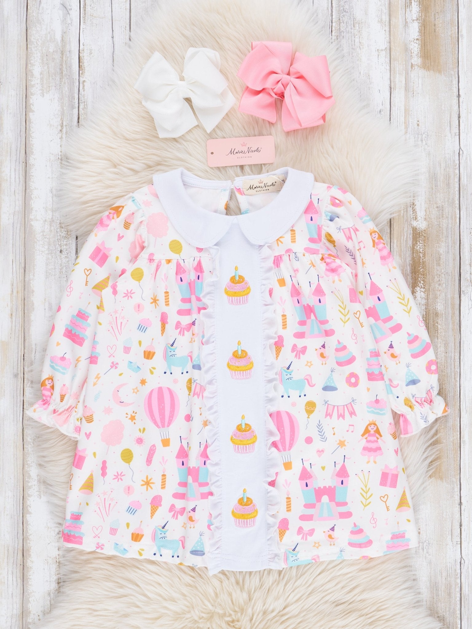 Pink & White Embroidered Birthday Cake Dress - Marie Nicole Clothing