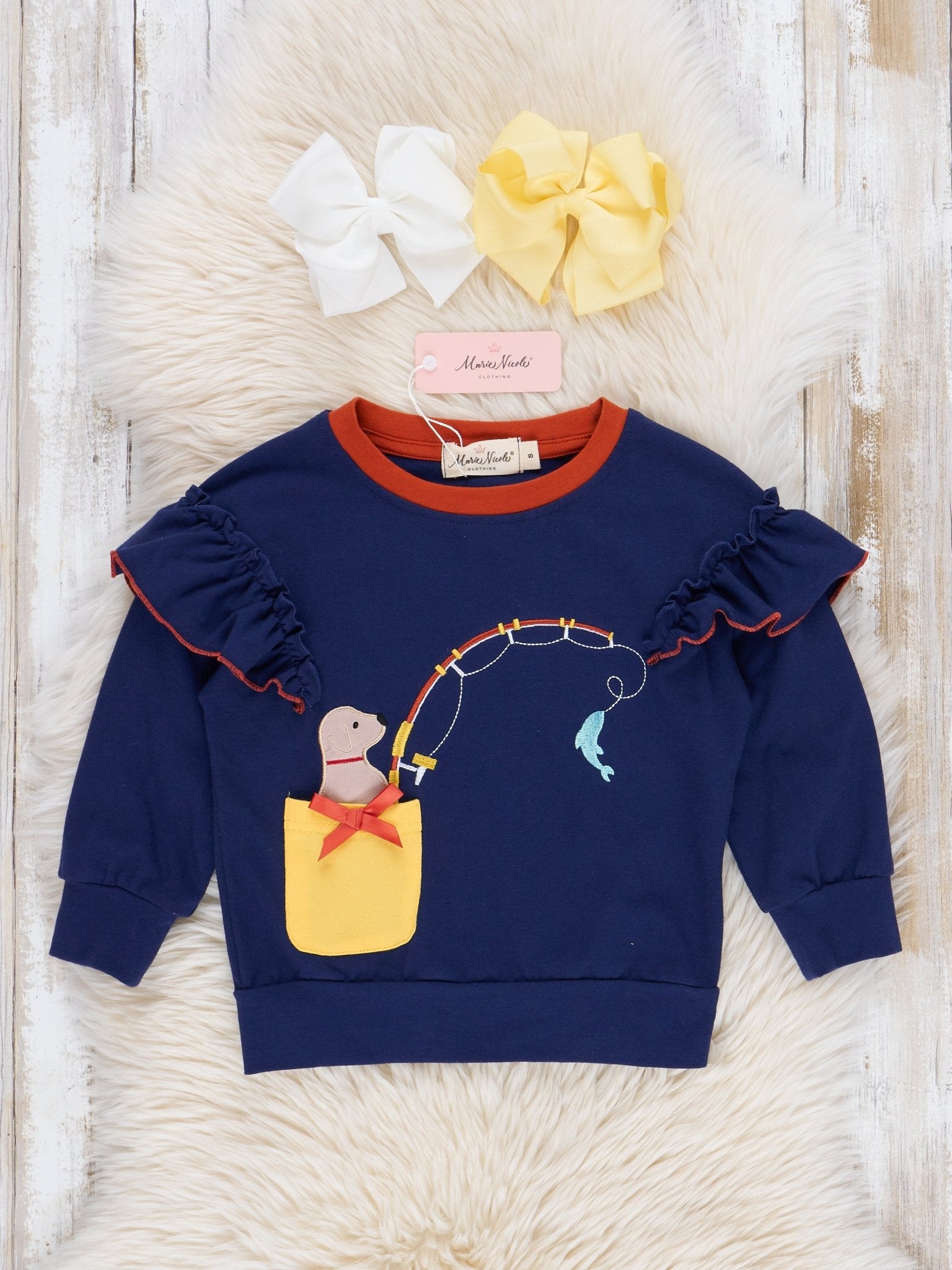 Navy Embroidered Fishing Puppy Ruffle Top - Marie Nicole Clothing