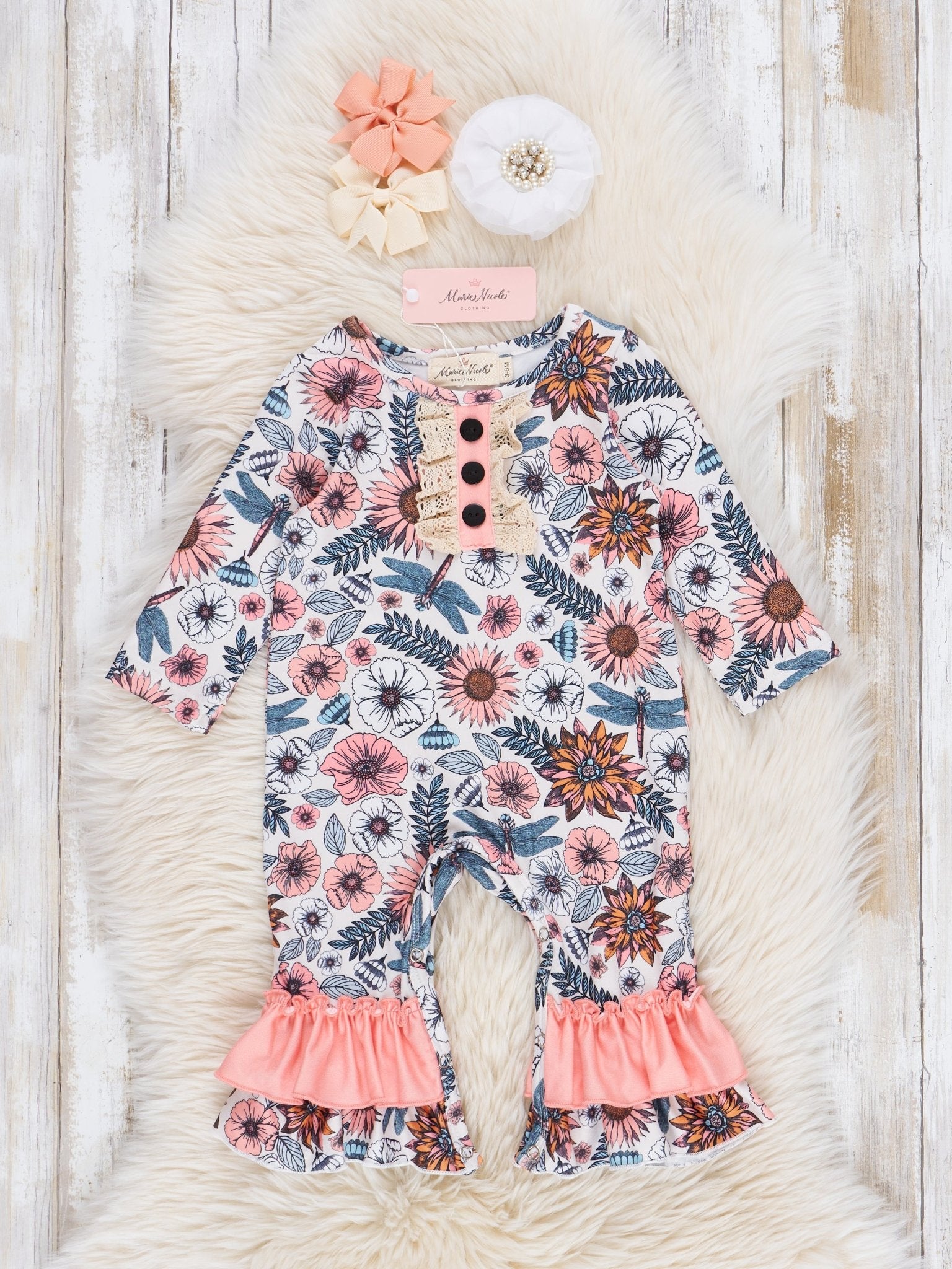 Peach & Green Garden Lace Trim Ruffle Romper - Marie Nicole Clothing