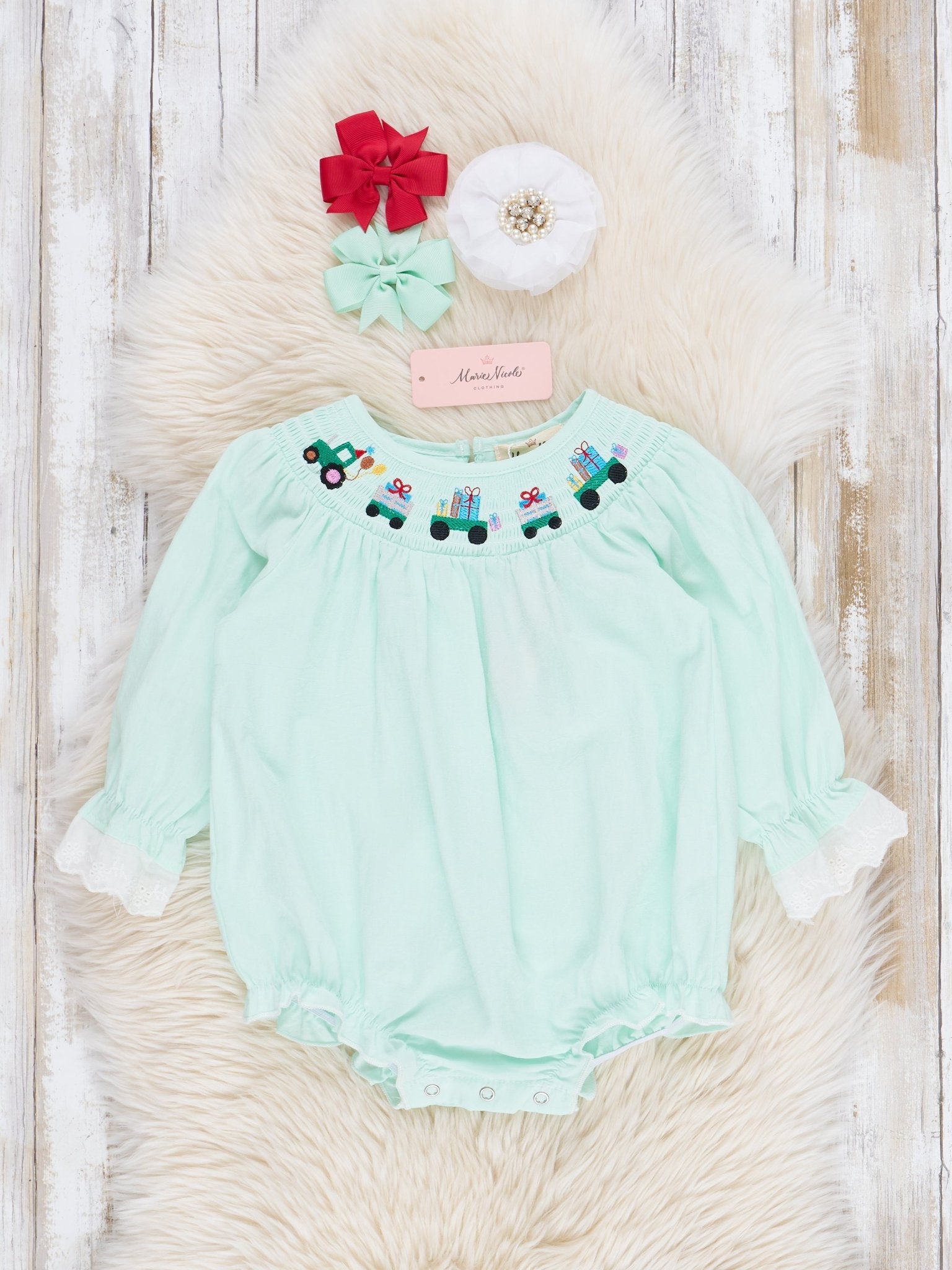 Sweet Mint Smocked Train Ruffle Bubble Romper - Marie Nicole Clothing