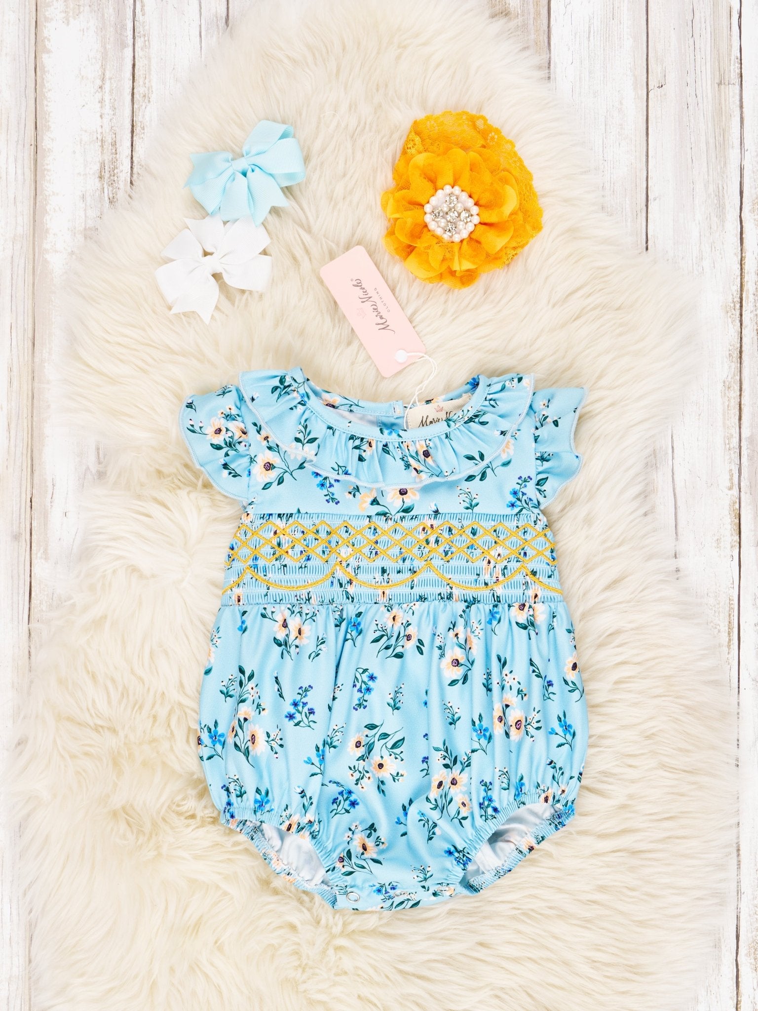 Smocked Cornflower Ruffle Tie Bubble Romper - Marie Nicole Clothing