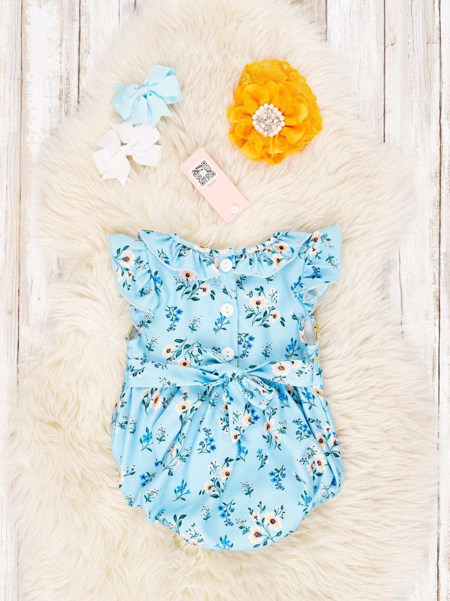 Smocked Cornflower Ruffle Tie Bubble Romper - Marie Nicole Clothing